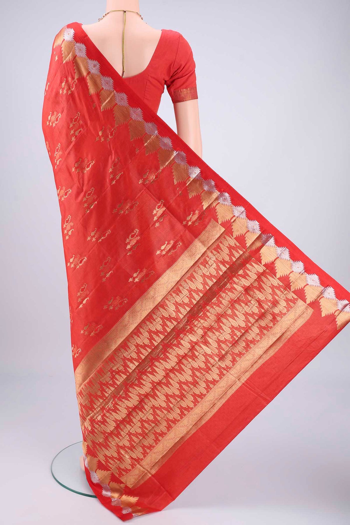 Flat view of Imperial Red Banarasi Tussar Silk Saree with Zari Butta on the body and Zari Border. 