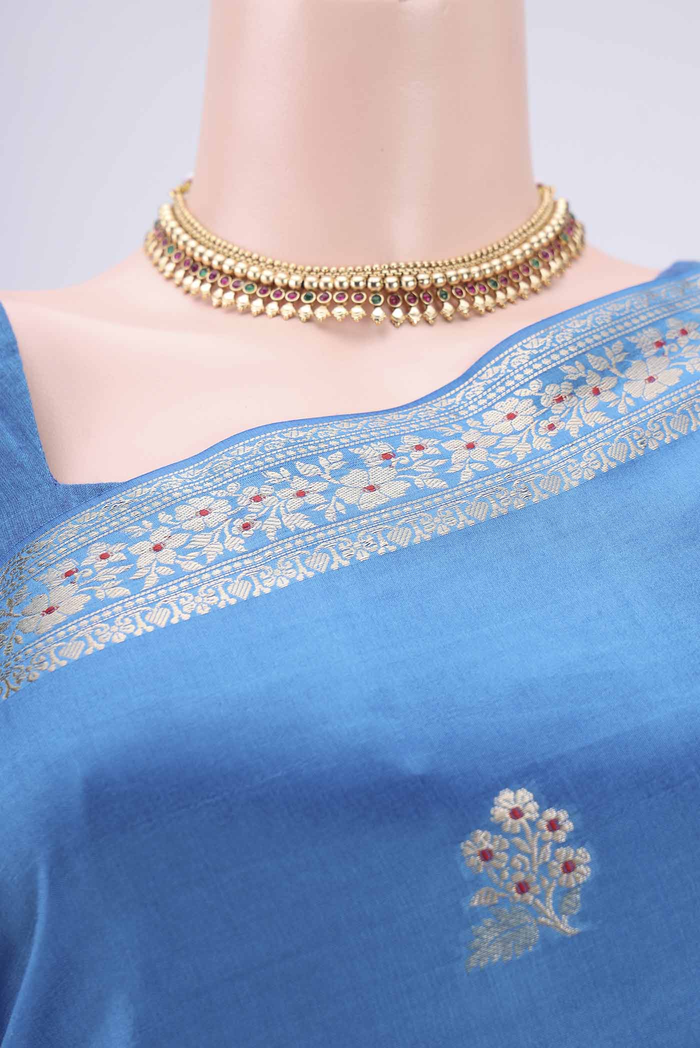 Border image of Electric Blue Banarasi Raw Silk Saree with Zari And Thread Butta on the body and Zari And Thread Border. 