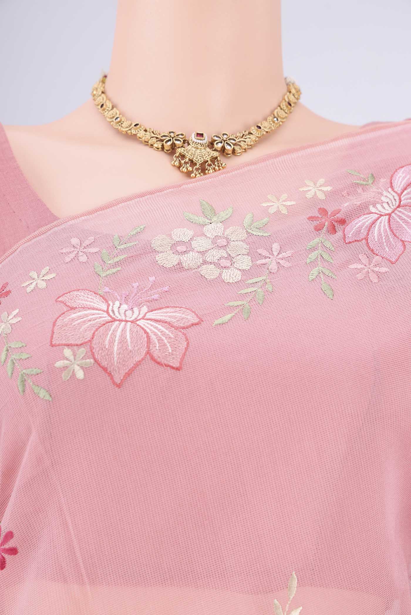 Border image of Rose pink Blended Kota Cotton Saree with Embroidery on the body and Thread Border. 