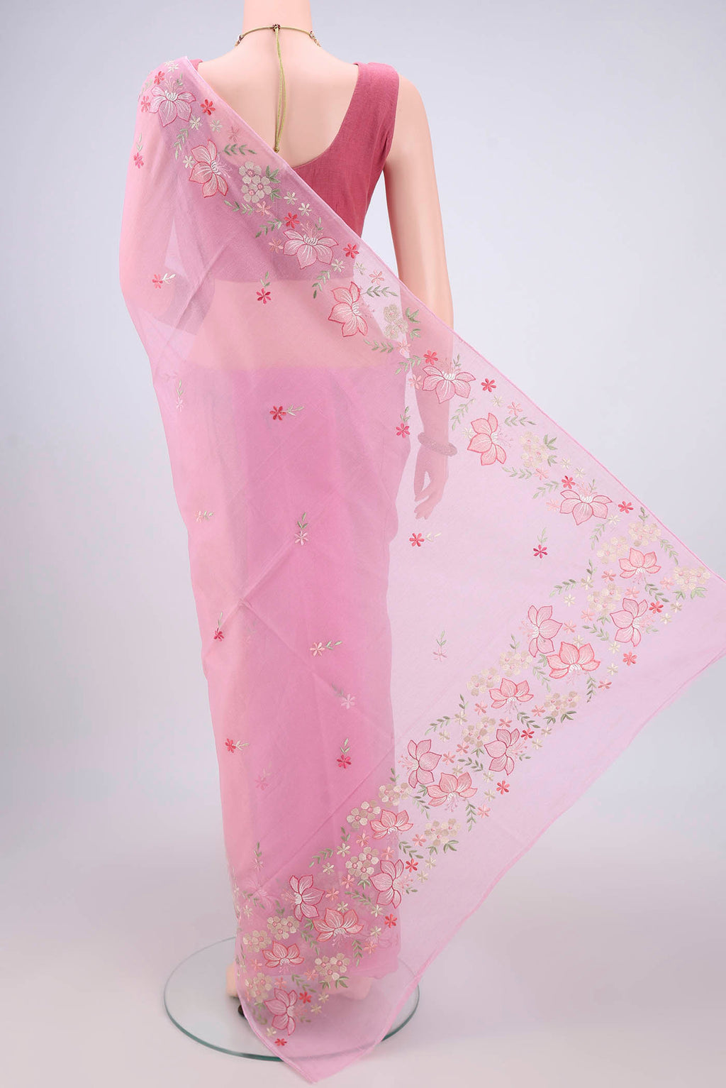 Flat view of Rose pink Blended Kota Cotton Saree with Embroidery on the body and Embroidery Border. 