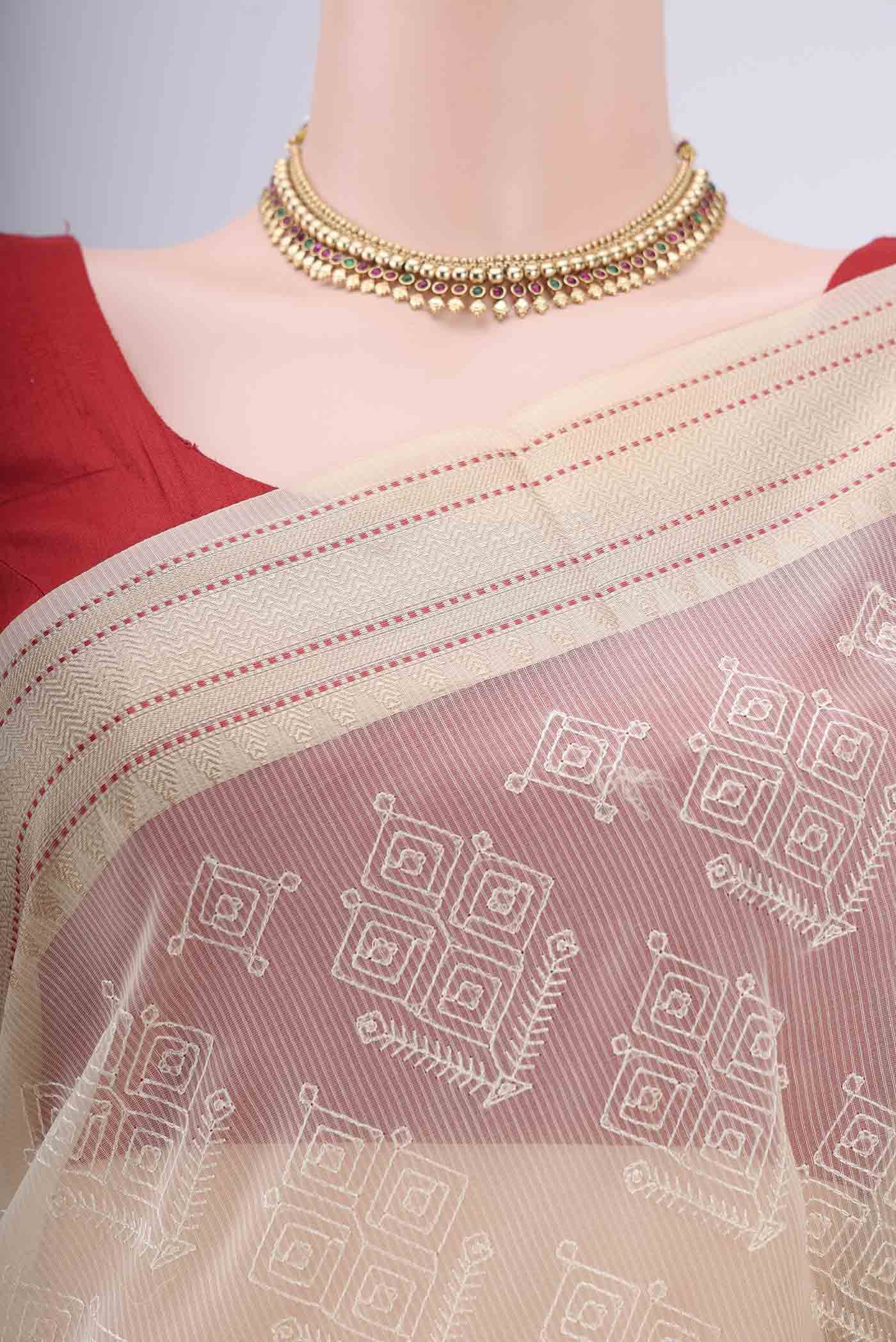 Border image of Beige Blended Kota Cotton Saree with Embroidery on the body and Thread Border. 