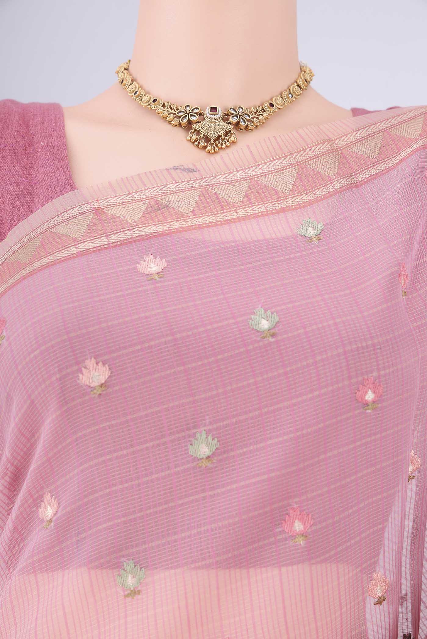 Border image of Rose pink Blended Kota Cotton Saree with Embroidery on the body and Thread Border. 
