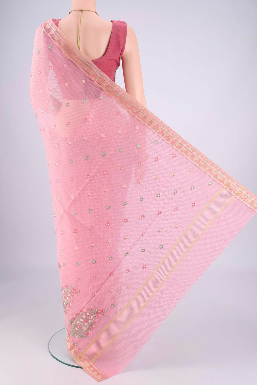 Flat view of Rose pink Blended Kota Cotton Saree with Embroidery on the body and Thread Border. 