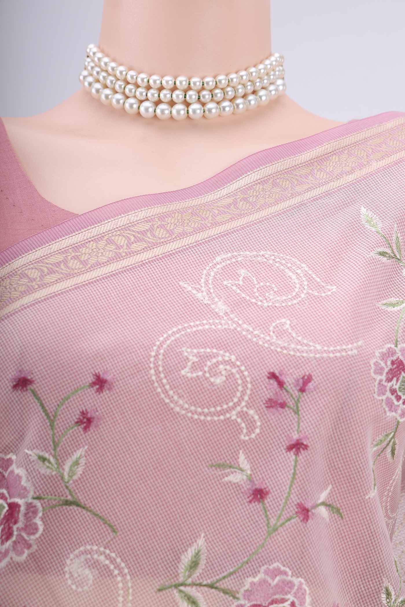 Border image of Rose pink Blended Kota Cotton Saree with Embroidery on the body and Zari Border. 