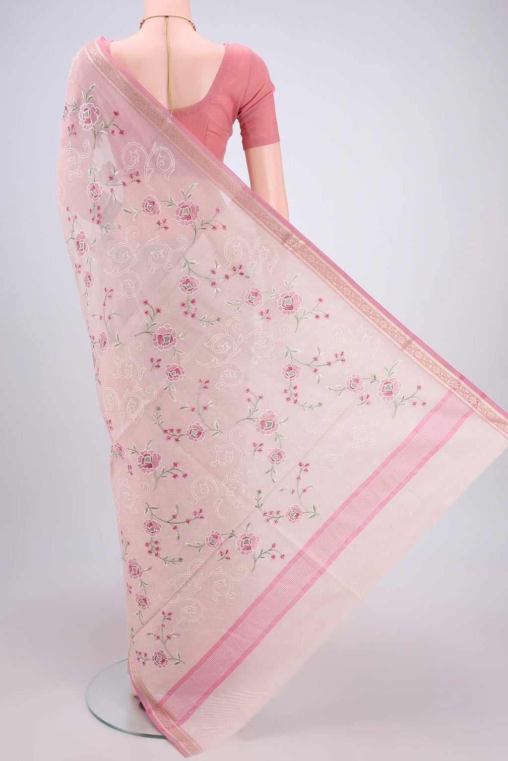 Flat view of Rose pink Blended Kota Cotton Saree with Embroidery on the body and Zari Border. 