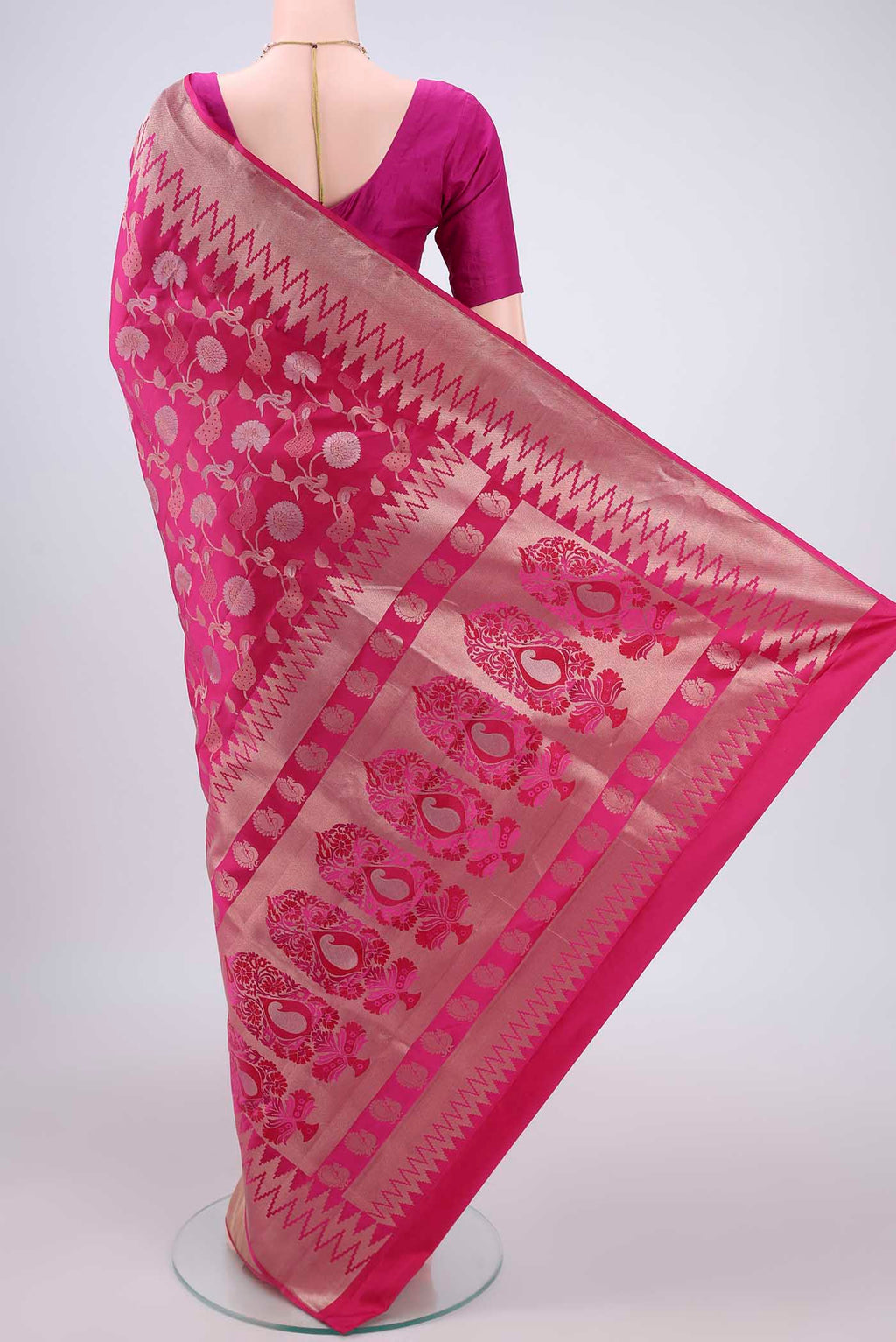Flat view of Orange with Pink Dual Tone Soft Silk Saree with Zari Brocade on the body and Zari Border. 