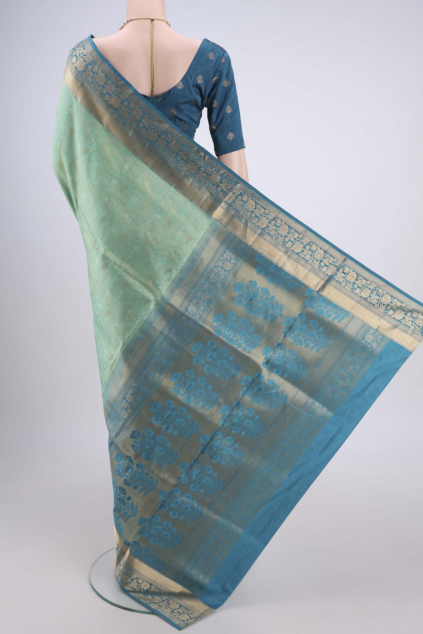 Flat view of Orange with Pink Dual Tone Soft Silk Saree with Zari Brocade on the body and Zari Border. 