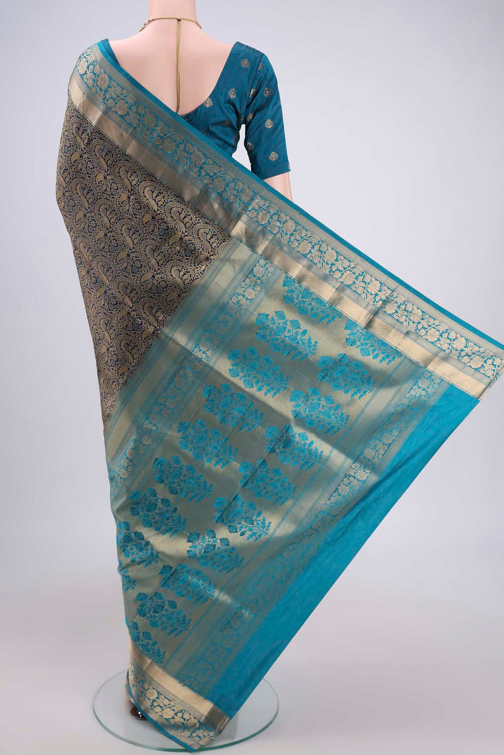 Flat view of Orange with Pink Dual Tone Soft Silk Saree with Zari Brocade on the body and Zari Border. 