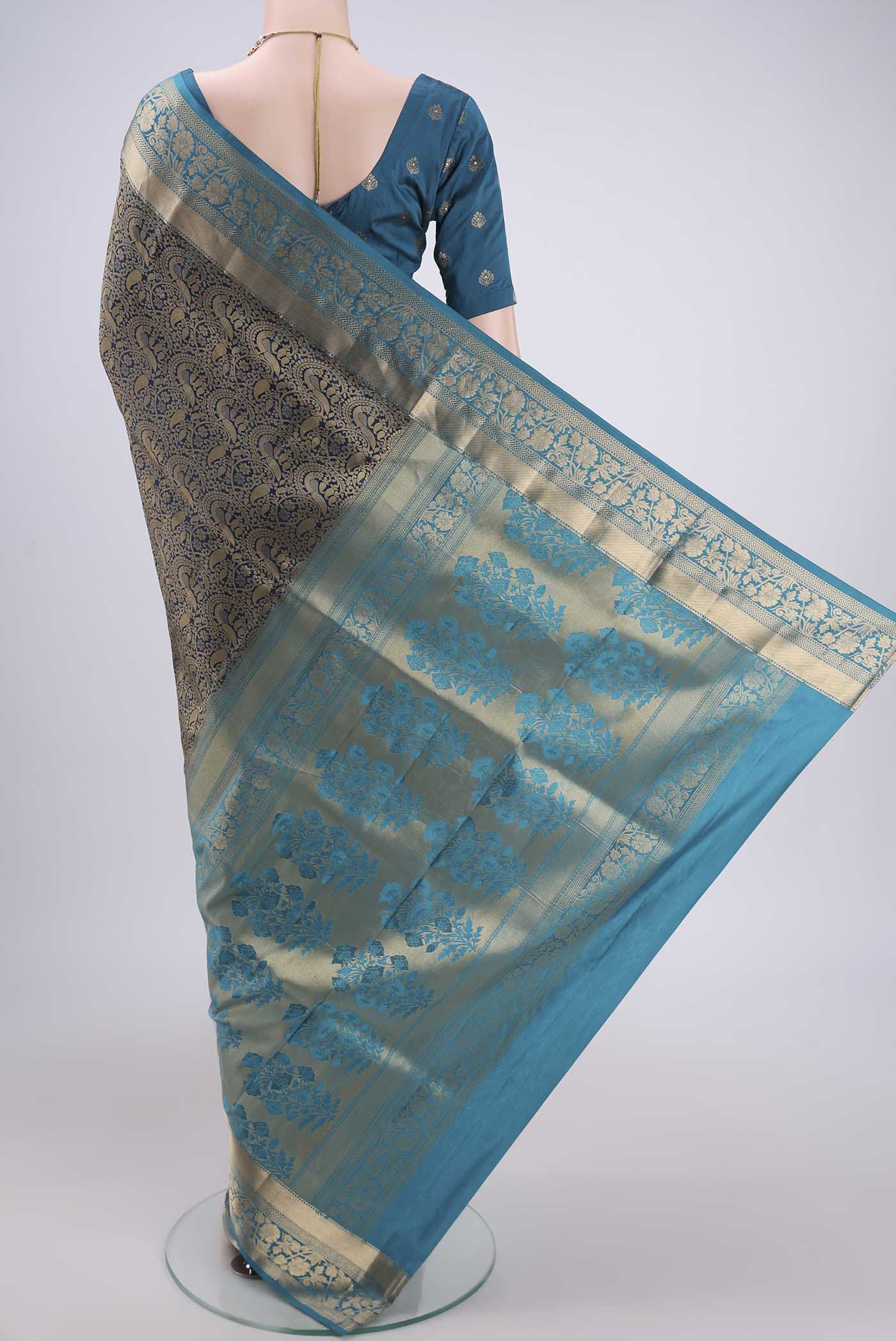 Flat view of Orange with Pink Dual Tone Soft Silk Saree with Zari Brocade on the body and Zari Border. 