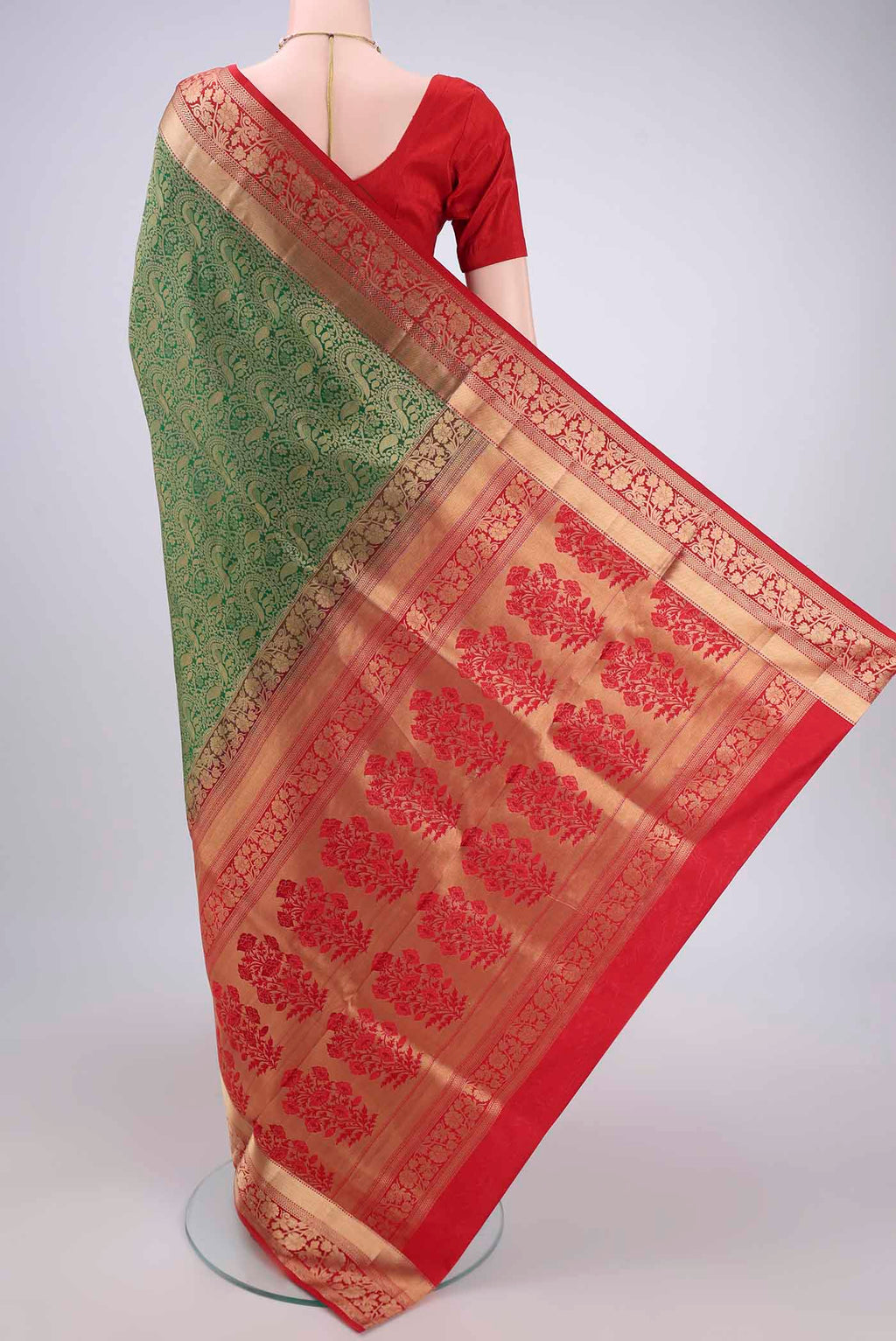 Flat view of Orange with Pink Dual Tone Soft Silk Saree with Zari Brocade on the body and Zari Border. 