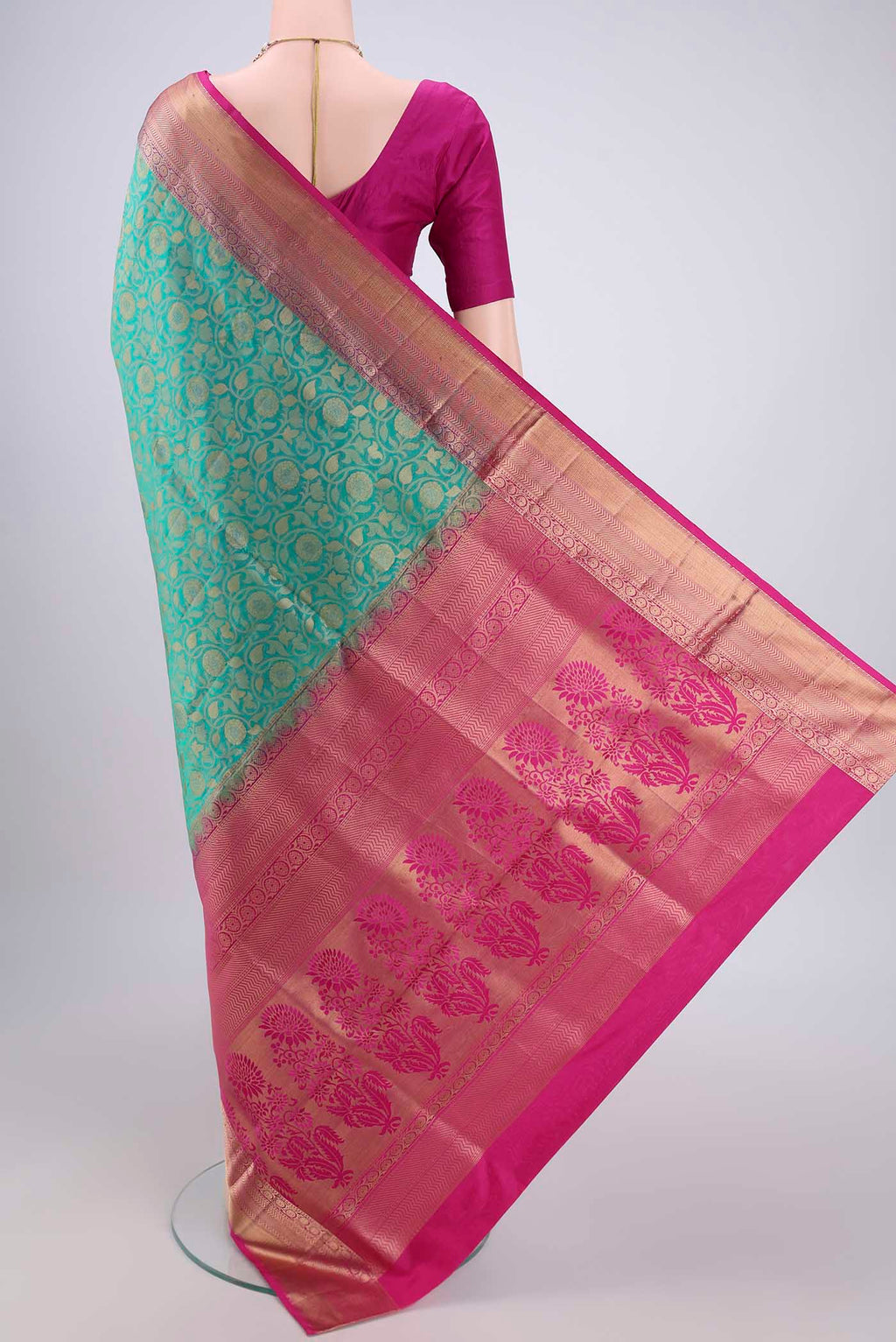 Flat view of Orange with Pink Dual Tone Soft Silk Saree with Zari Brocade on the body and Zari Border. 