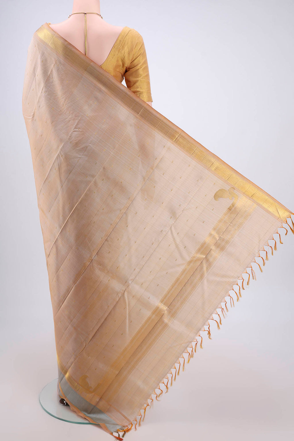 Flat view of Dark Beige Coimbatore Silk Cotton Saree with Checked design on the body and Zari Border. 