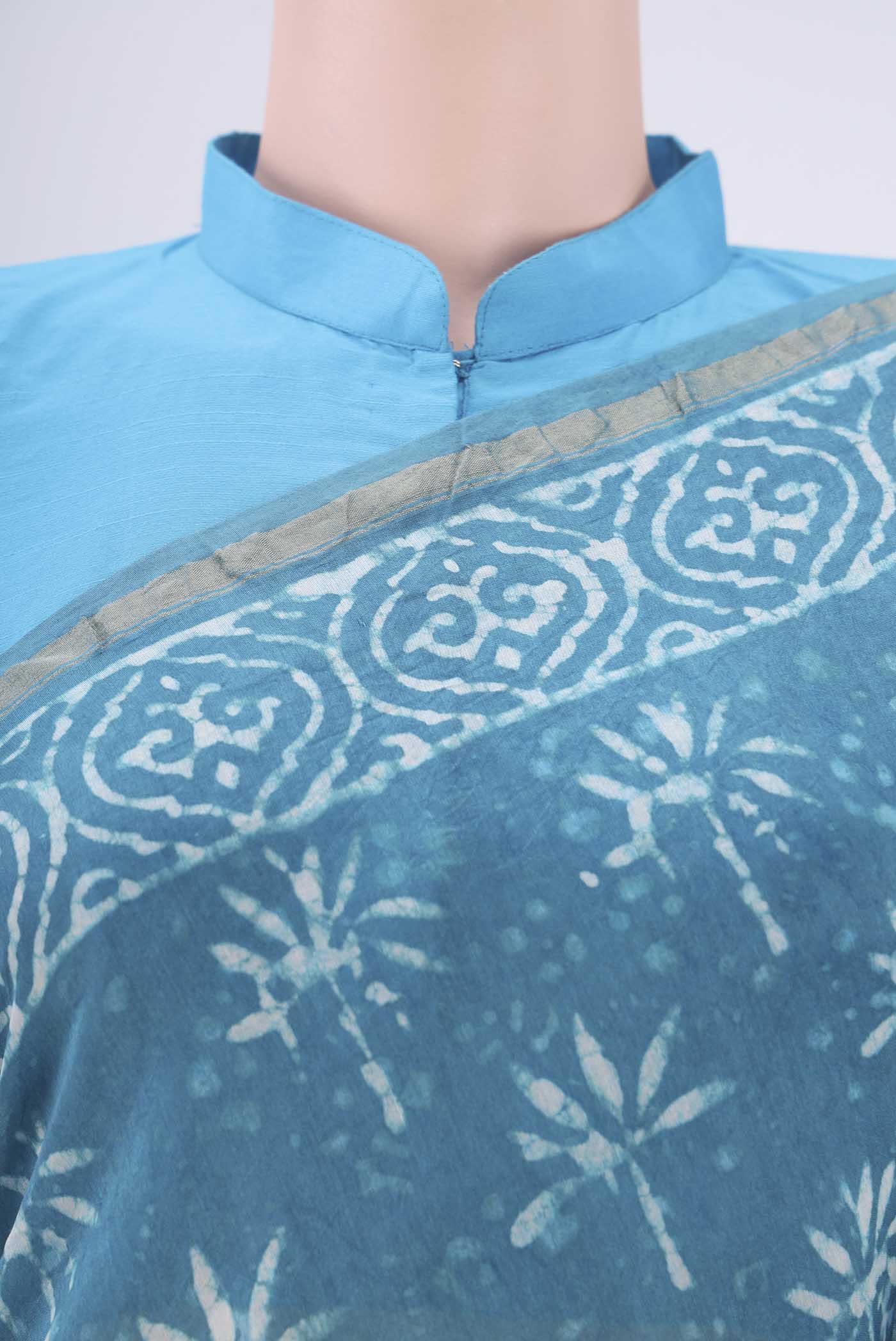 Border image of Maya Blue Chanderi Silk Saree with Batik Print on the body and Zari Border. 
