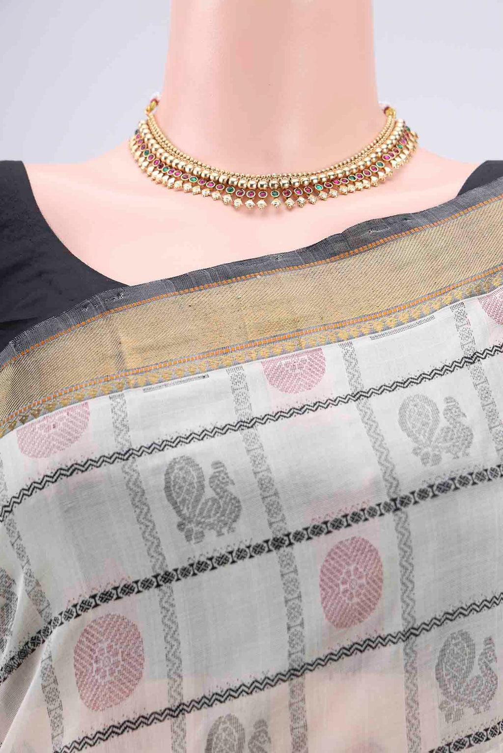 Border image of Off White Coimbatore Silk Cotton Saree with Checked design on the body and Zari Border. 