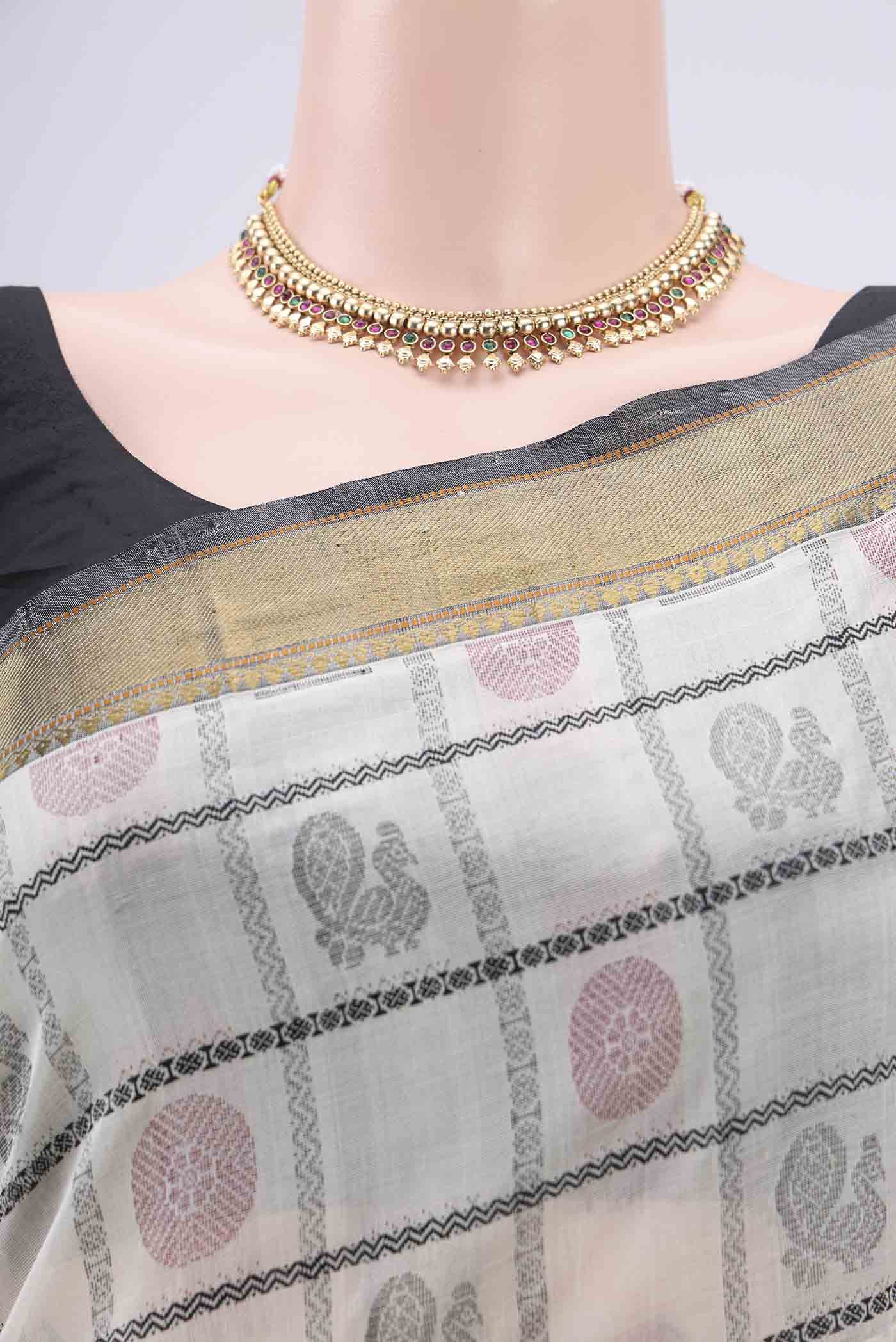Border image of Off White Coimbatore Silk Cotton Saree with Checked design on the body and Zari Border. 