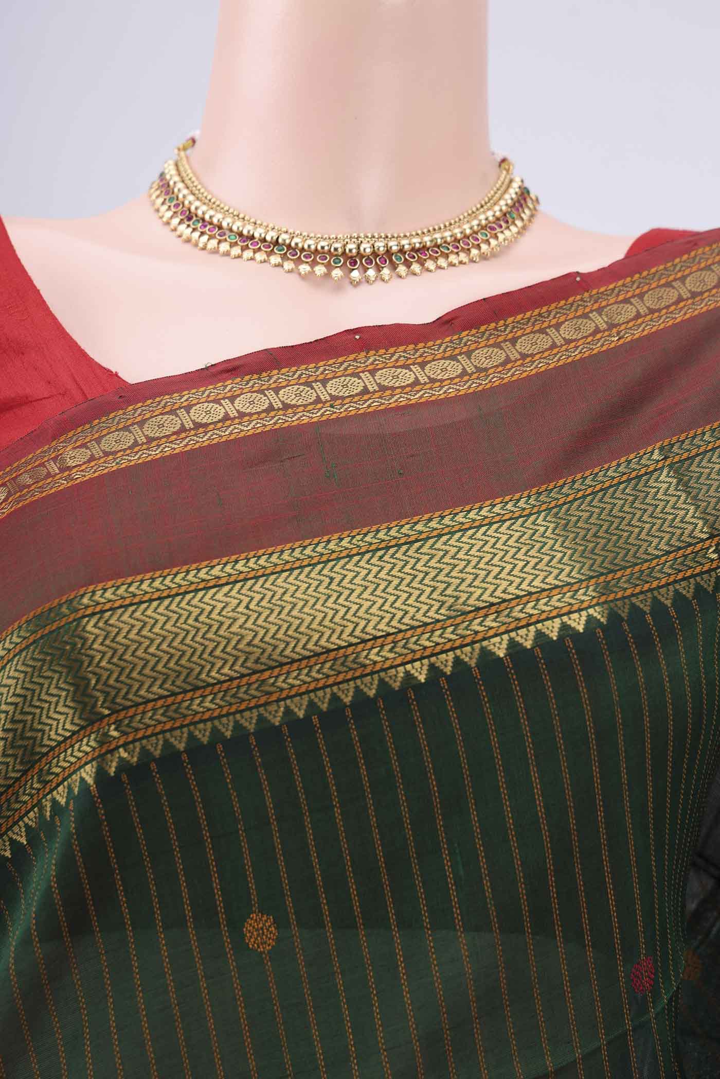 Border image of Bottle Green Coimbatore Silk Cotton Saree with Stripes on the body and Zari And Thread Border. 