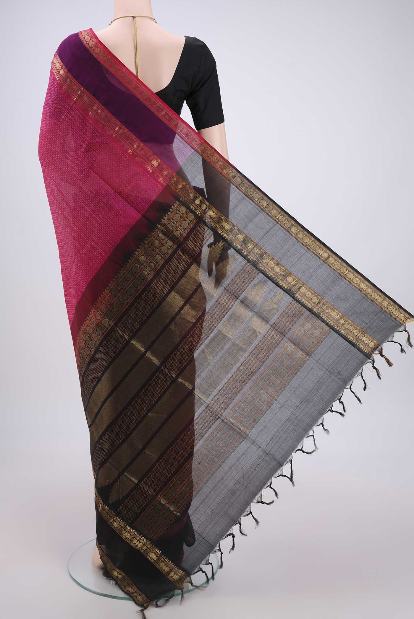 Flat view of Rani Pink Coimbatore Silk Cotton Saree with Jacquard design on the body and Zari Border. 