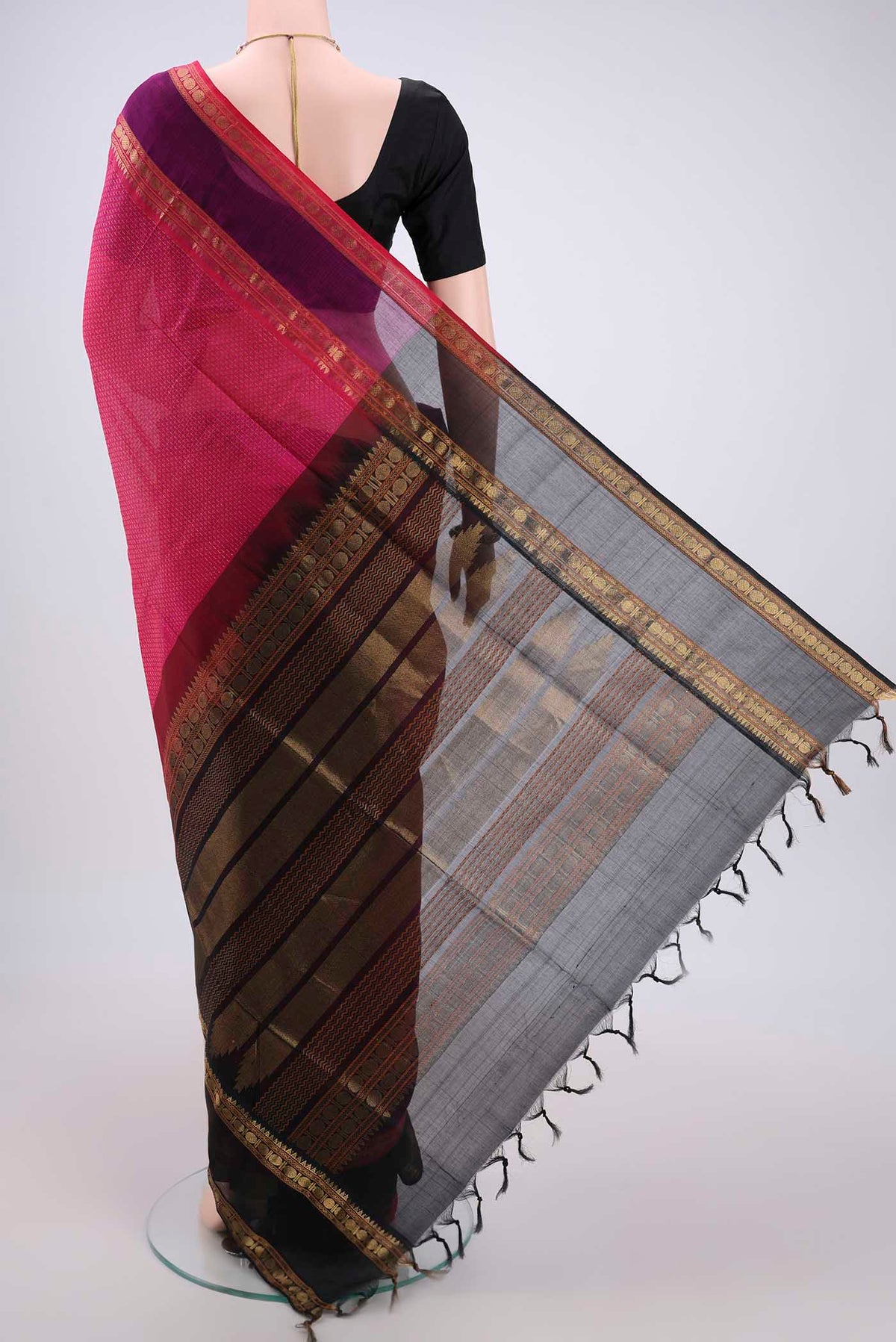 Flat view of Rani Pink Coimbatore Silk Cotton Saree with Jacquard design on the body and Zari Border. 