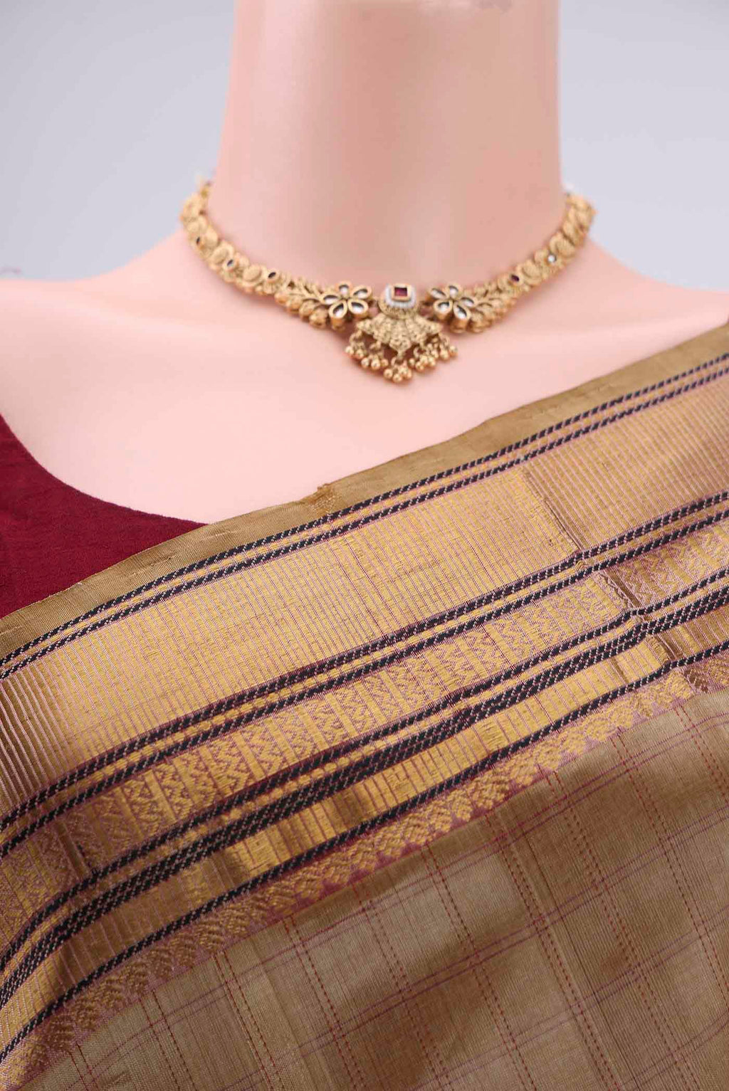 Border image of Dark Beige Coimbatore Silk Cotton Saree with Checked design on the body and Zari And Thread Border. 