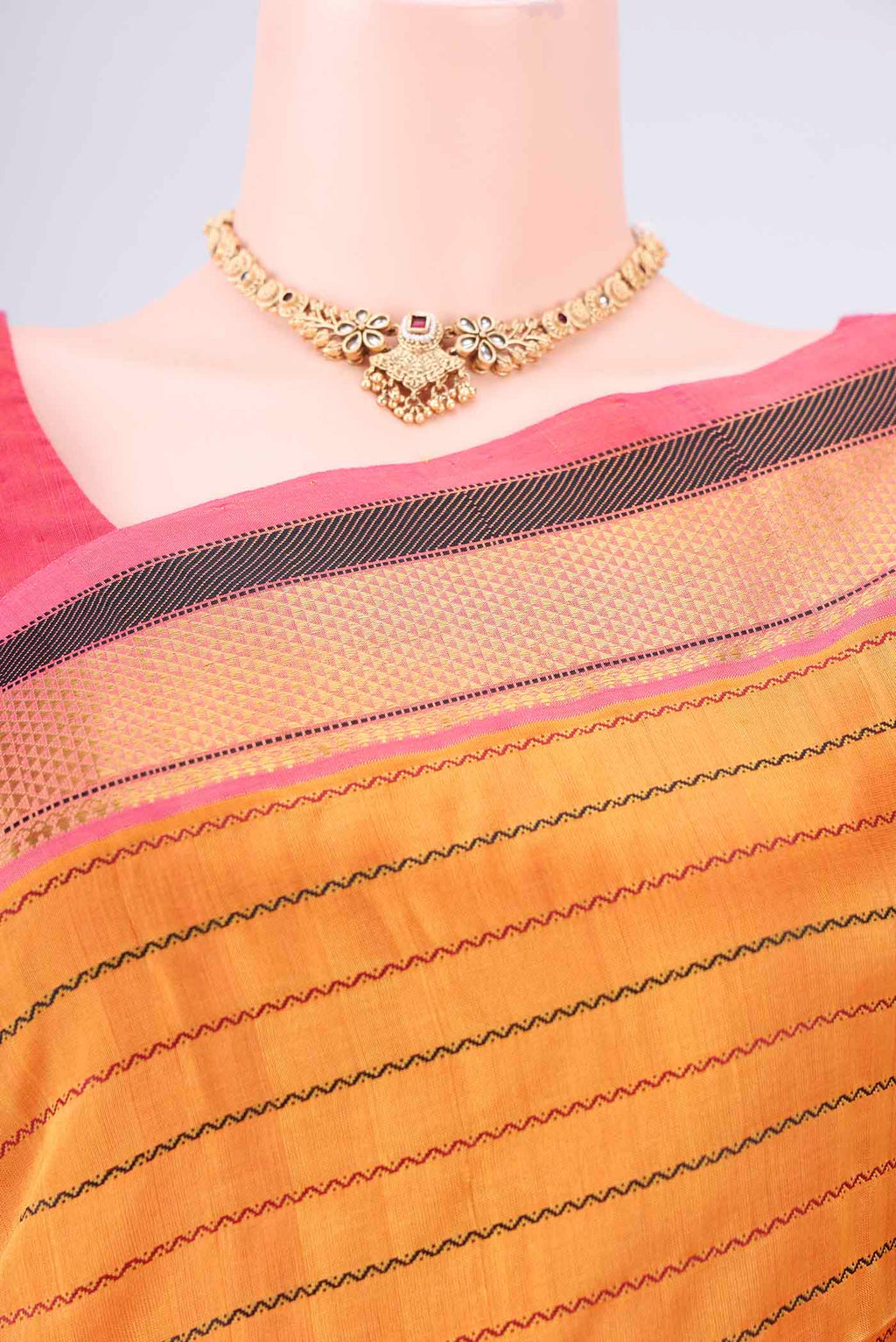 Border image of Yellow Coimbatore Silk Cotton Saree with Veldhari on the body and Zari Border. 