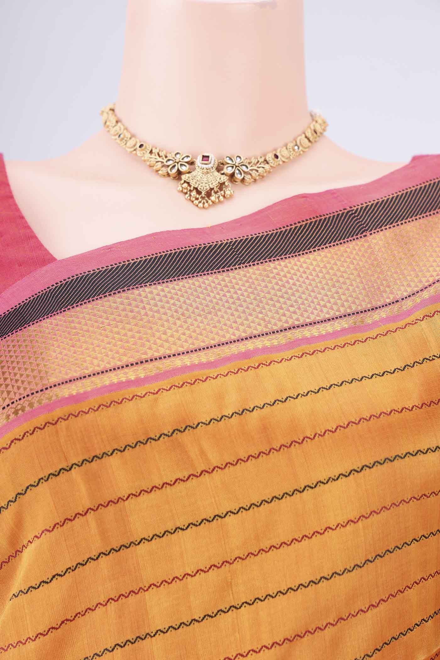 Border image of Yellow Coimbatore Silk Cotton Saree with Veldhari on the body and Zari Border. 