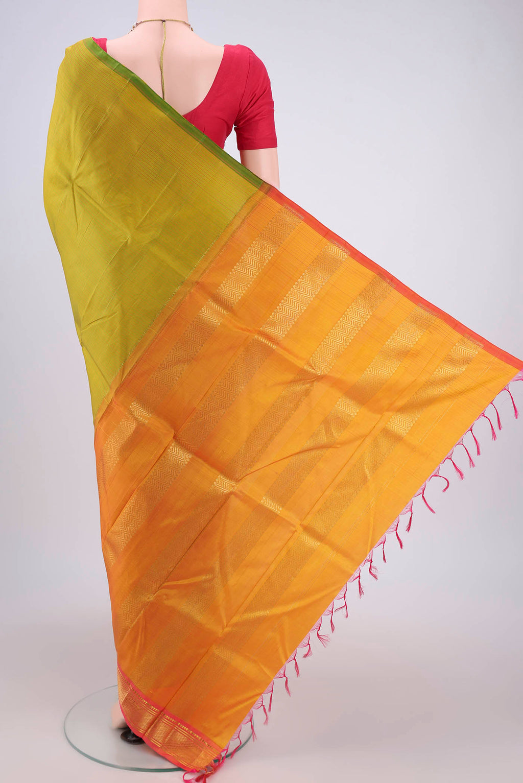 Flat view of Light Green Kanjivaram Silk Saree with Stripes on the body and One Side Border. 