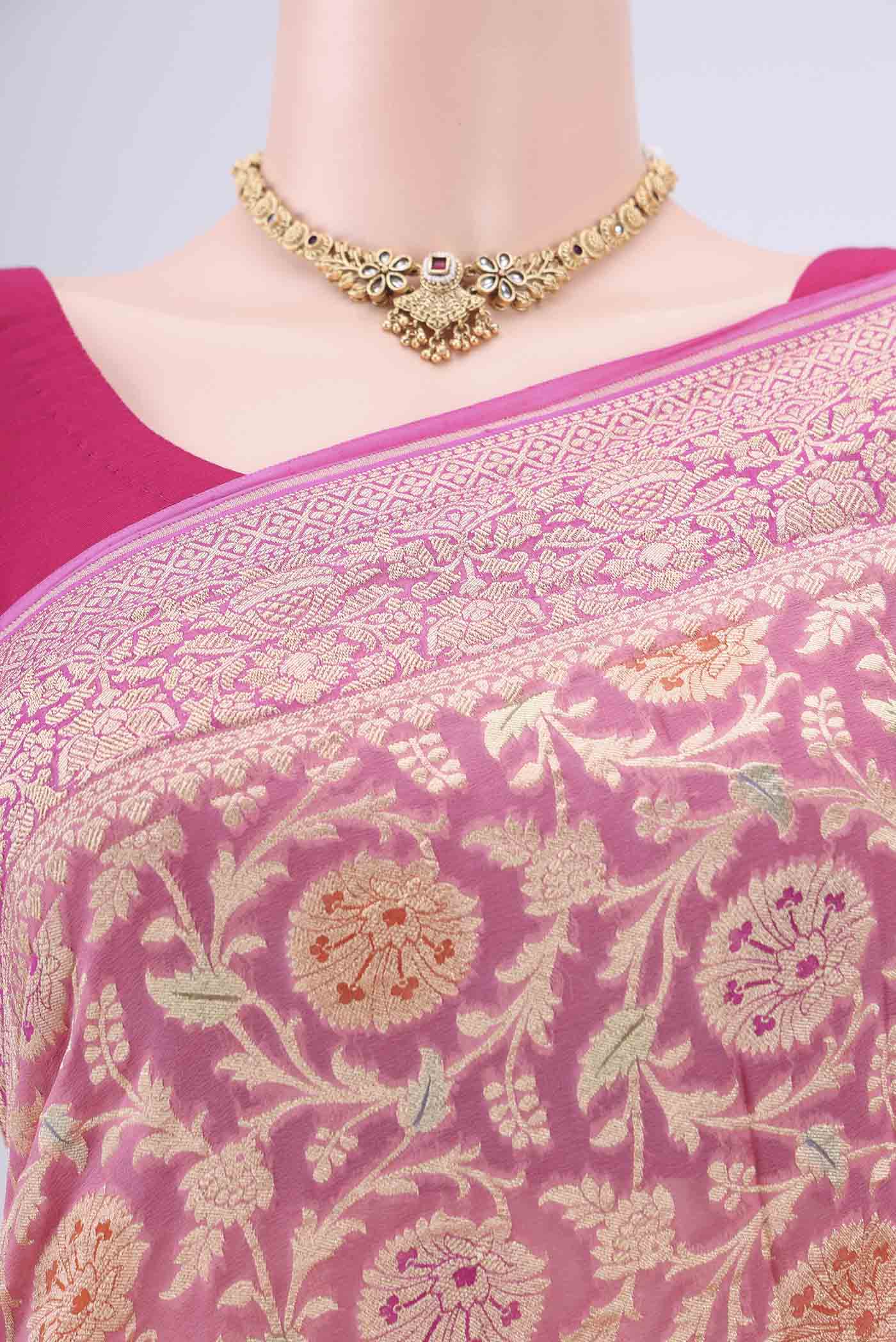 Border image of Pink Banarasi Georgette Saree with Zari Brocade on the body and Zari Border. 