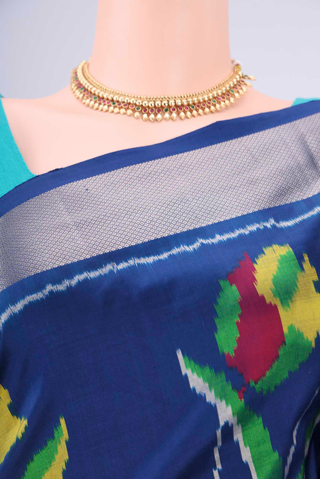 Border image of Blue Pochampally Silk Saree with Pure Ikat on the body and Zari Border. 