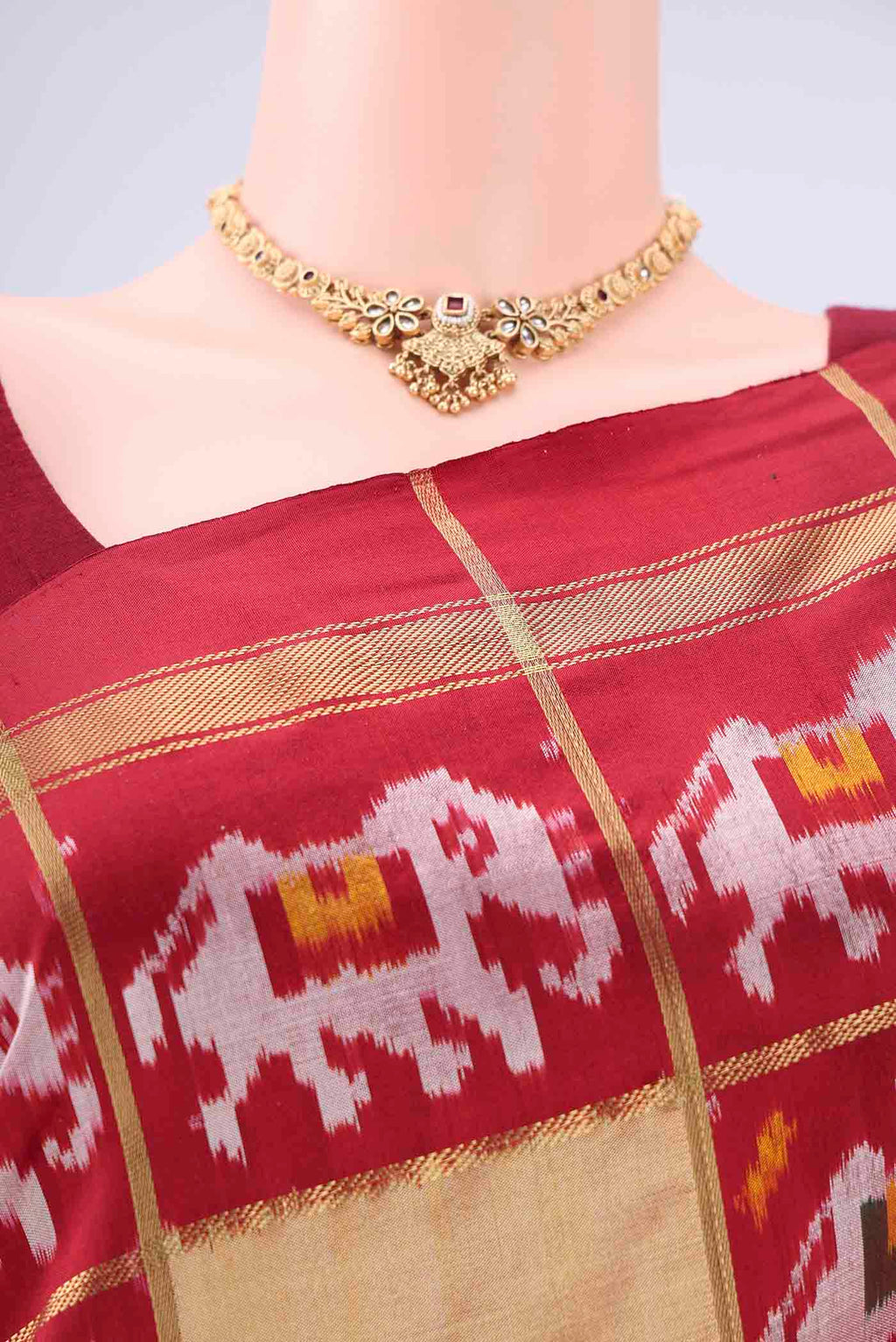 Border image of Multi Color Pochampally Silk Saree with Checked design on the body and Zari Border. 