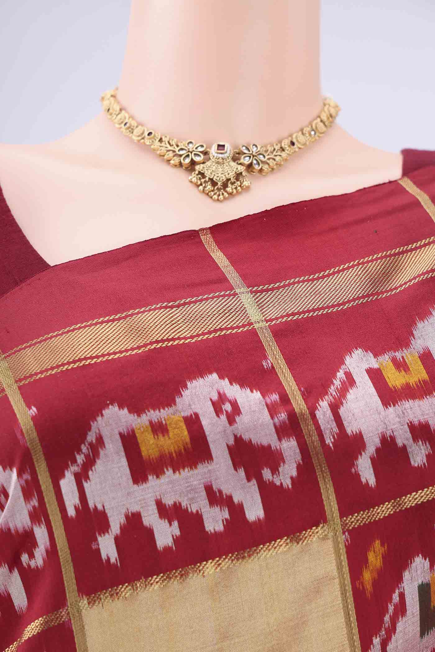 Border image of Multi Color Pochampally Silk Saree with Checked design on the body and Zari Border. 