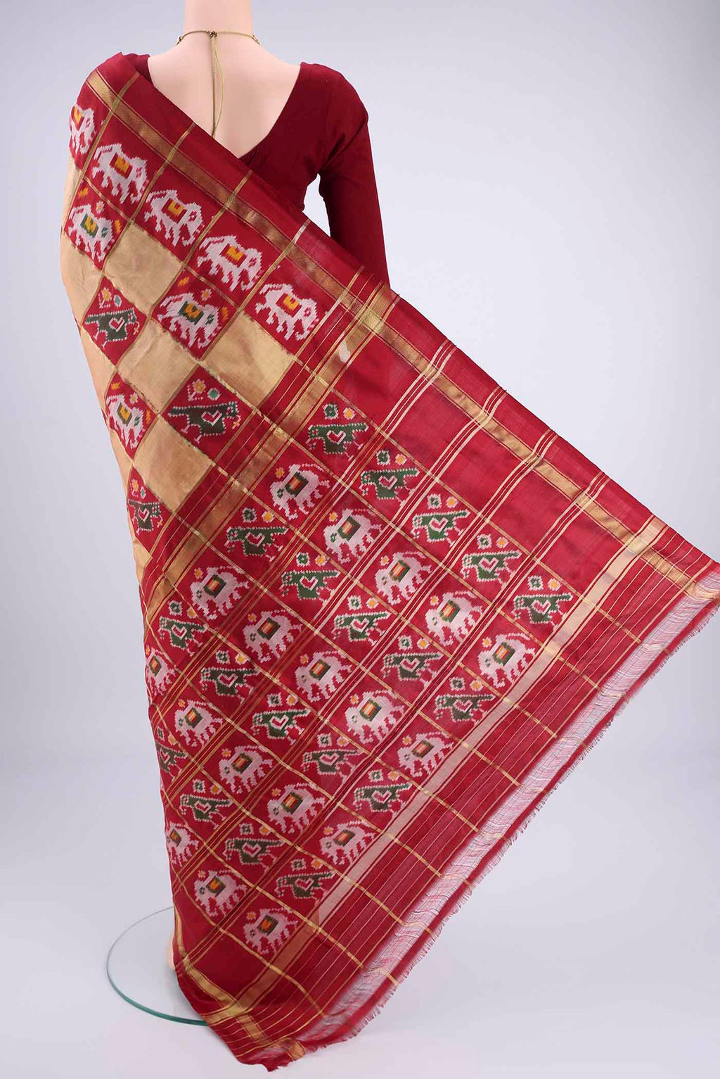 Flat view of Multi Color Pochampally Silk Saree with Checked design on the body and Zari Border. 