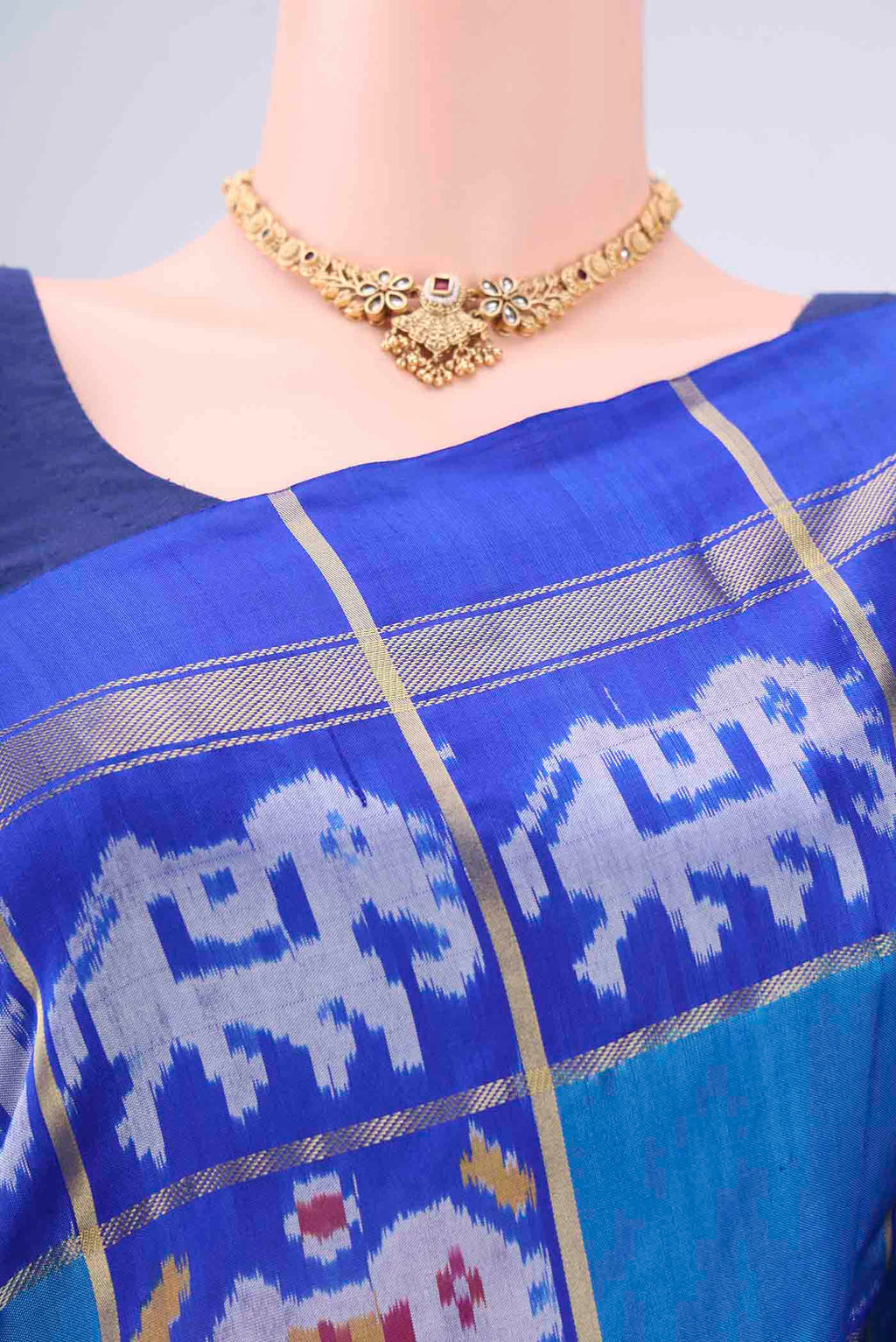 Border image of Multi Color Pochampally Silk Saree with Checked design on the body and Zari Border. 