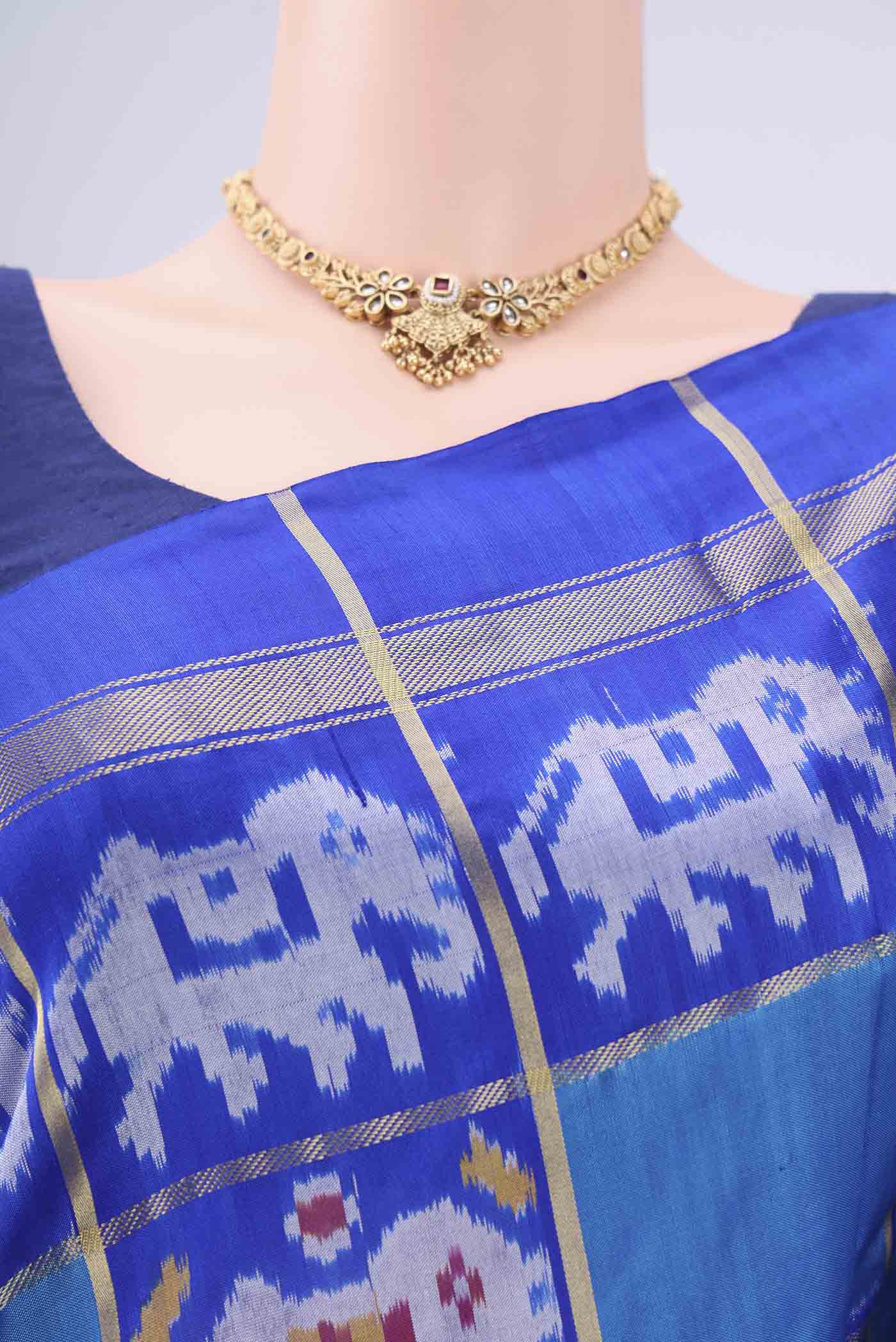 Border image of Multi Color Pochampally Silk Saree with Checked design on the body and Zari Border. 
