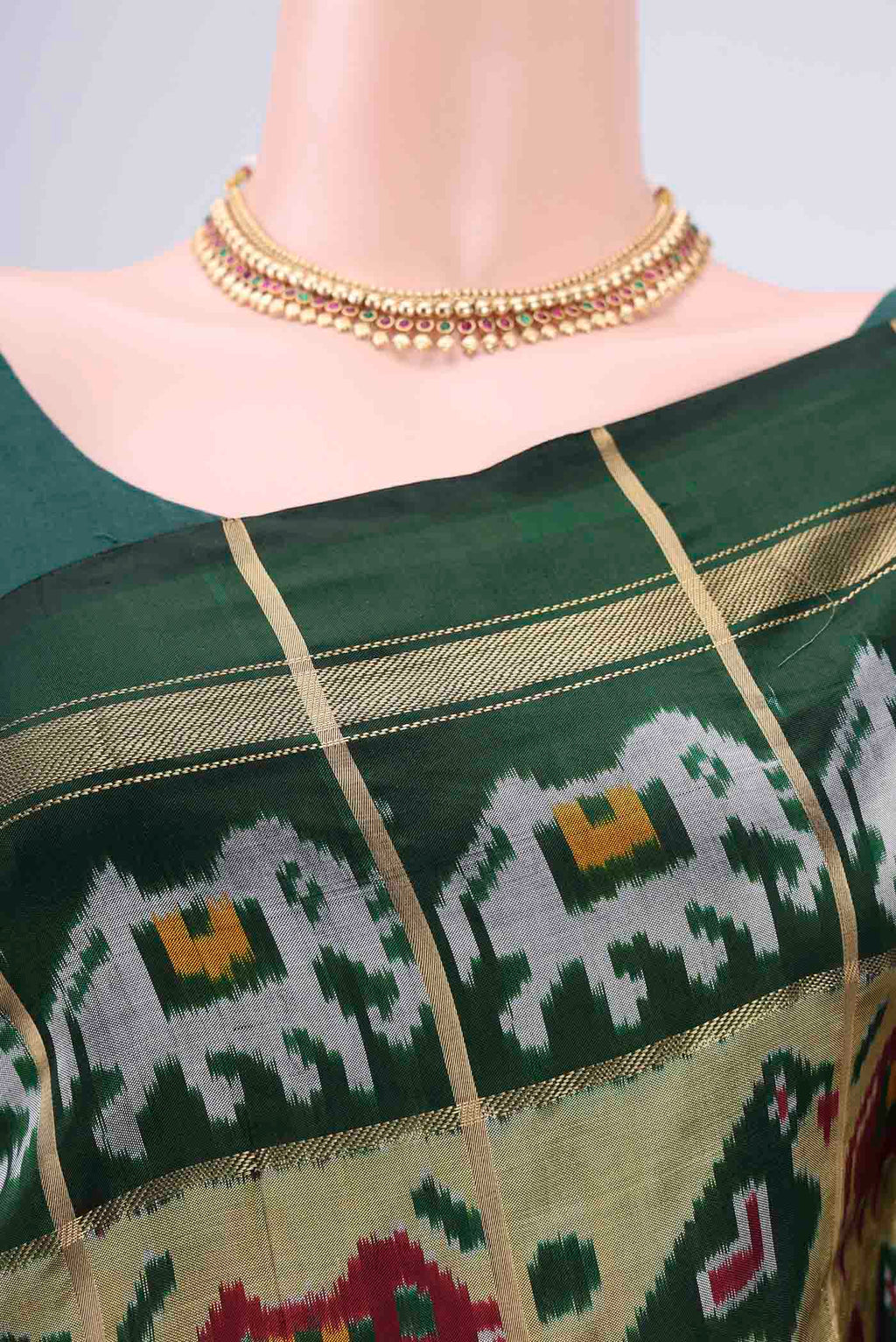 Border image of Multi Color Pochampally Silk Saree with Checked design on the body and Zari Border. 
