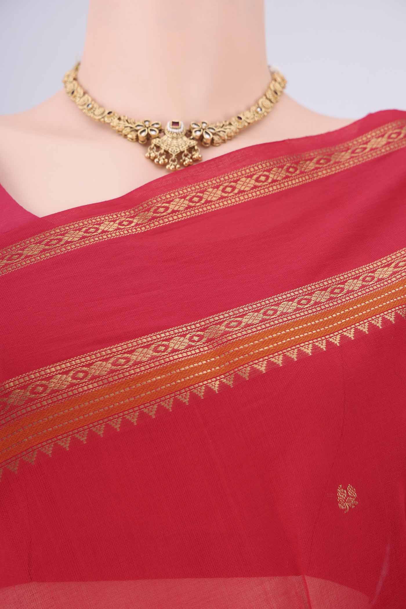 Border image of Red Kanchi Cotton Saree with Zari Butta on the body and Zari Border. 
