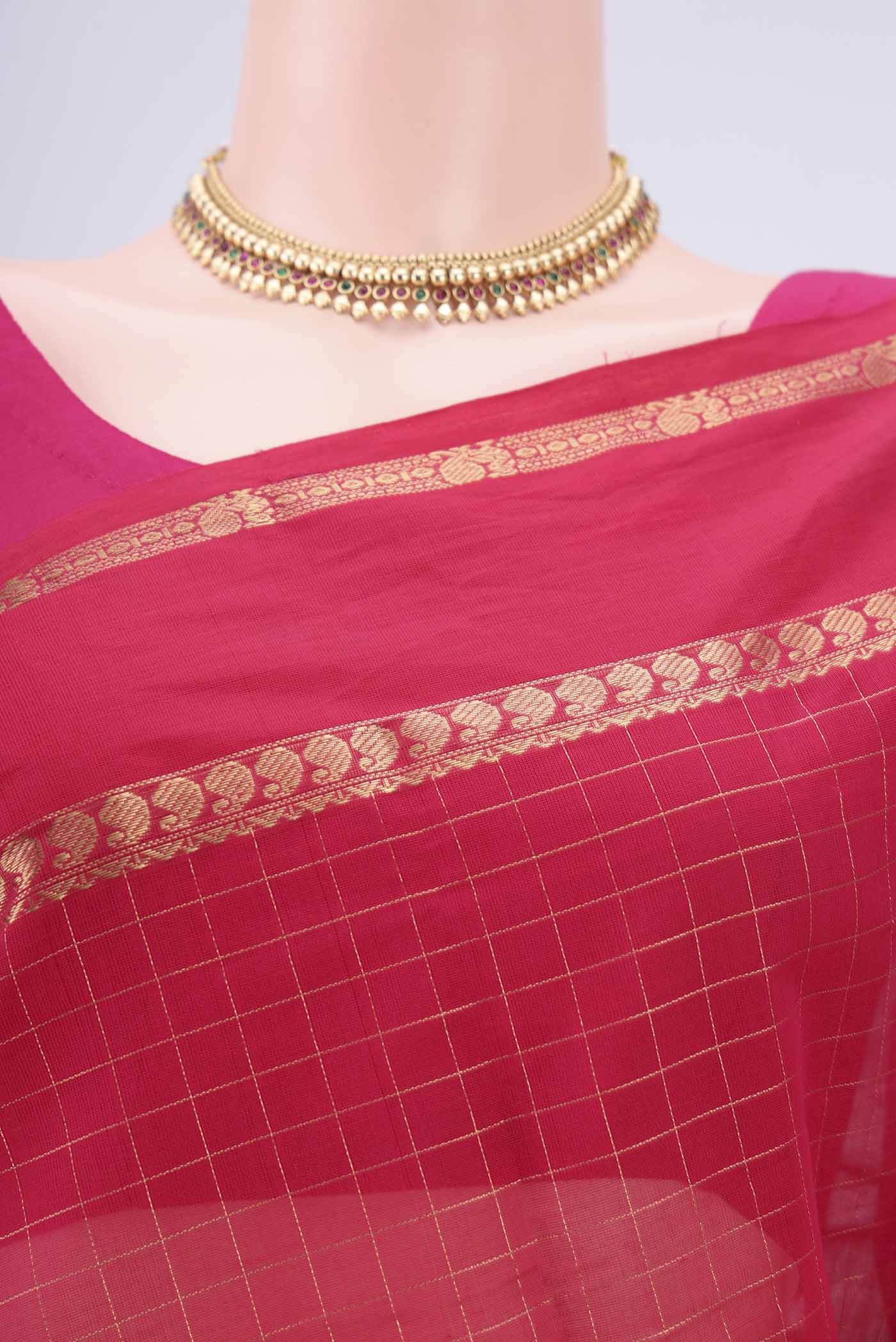 Border image of Dark Pink Kanchi Cotton Saree with Checked design on the body and Zari Border. 