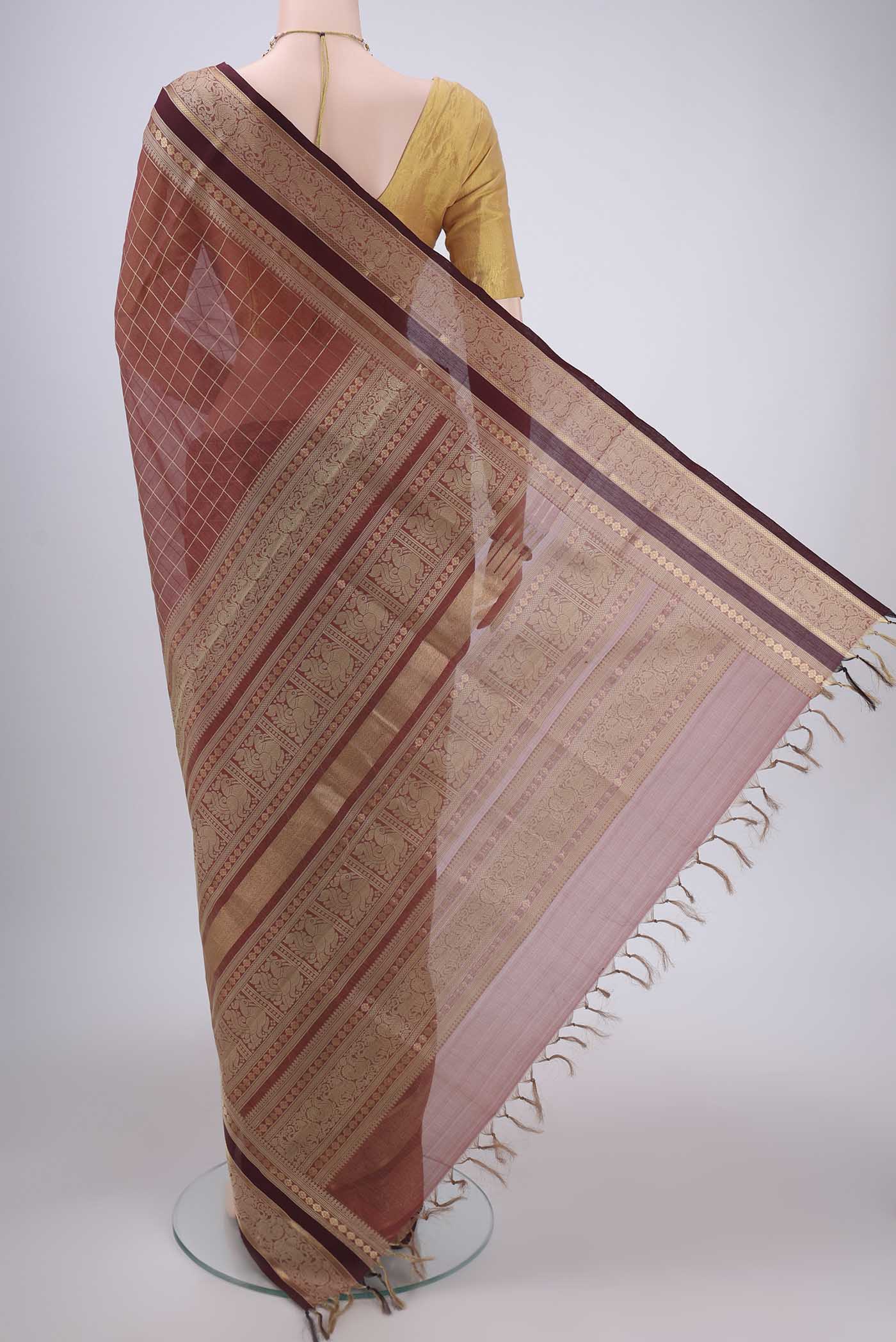 Flat view of Brown Kanchi Cotton Saree with Checked design on the body and Zari Border. 