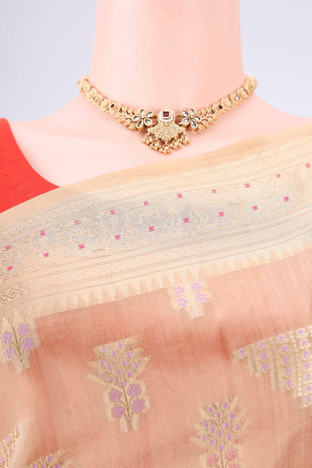 Border image of Dark Beige Banarasi Raw Silk Saree with Zari Butta on the body and Zari Border. 