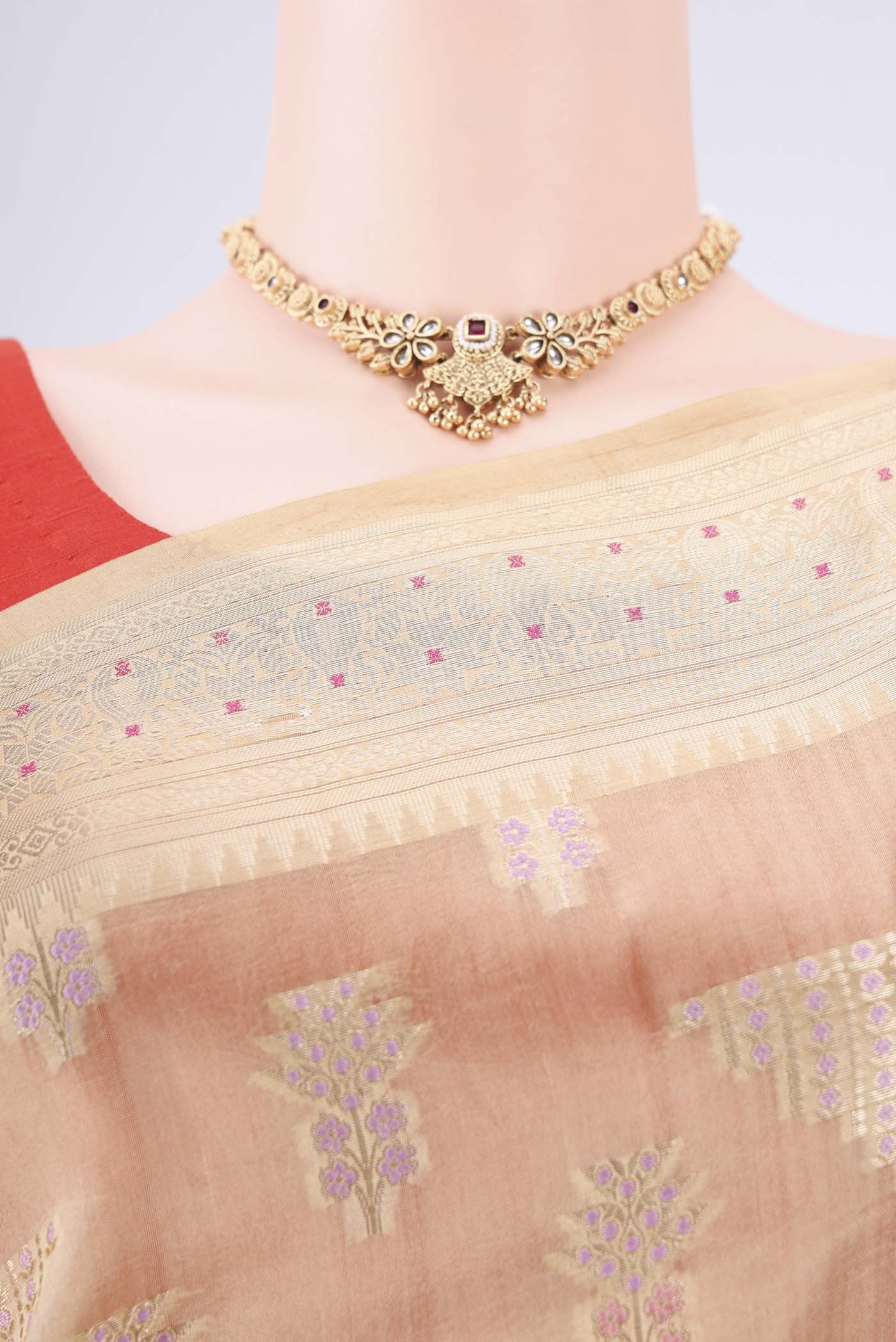 Border image of Dark Beige Banarasi Raw Silk Saree with Zari Butta on the body and Zari Border. 