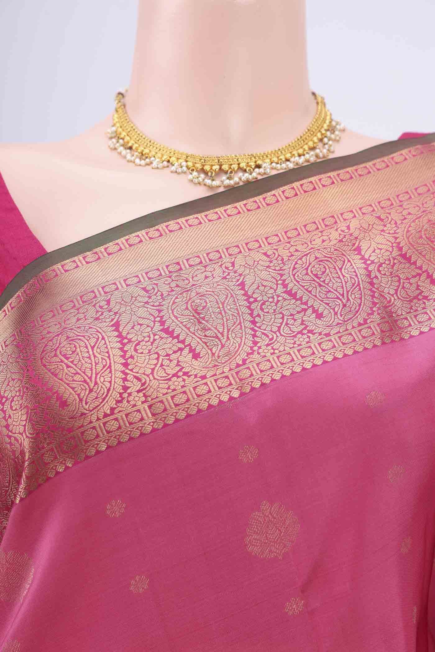 Border image of Pink Kanjivaram Silk Saree with Zari Butta on the body and Zari Border. 