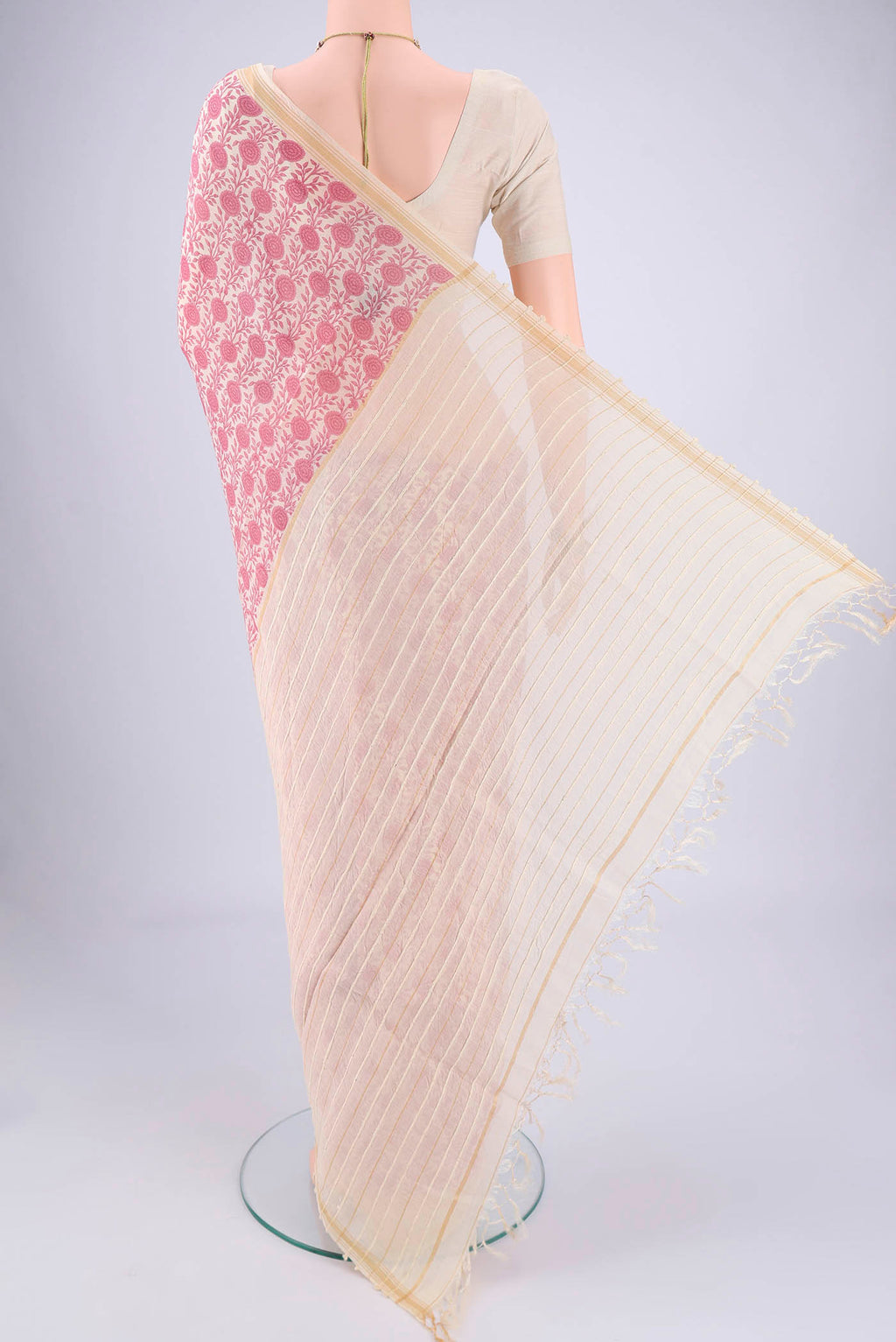 Flat view of Off White Tussar Silk Saree with Floral Print on the body and Thread Border. 