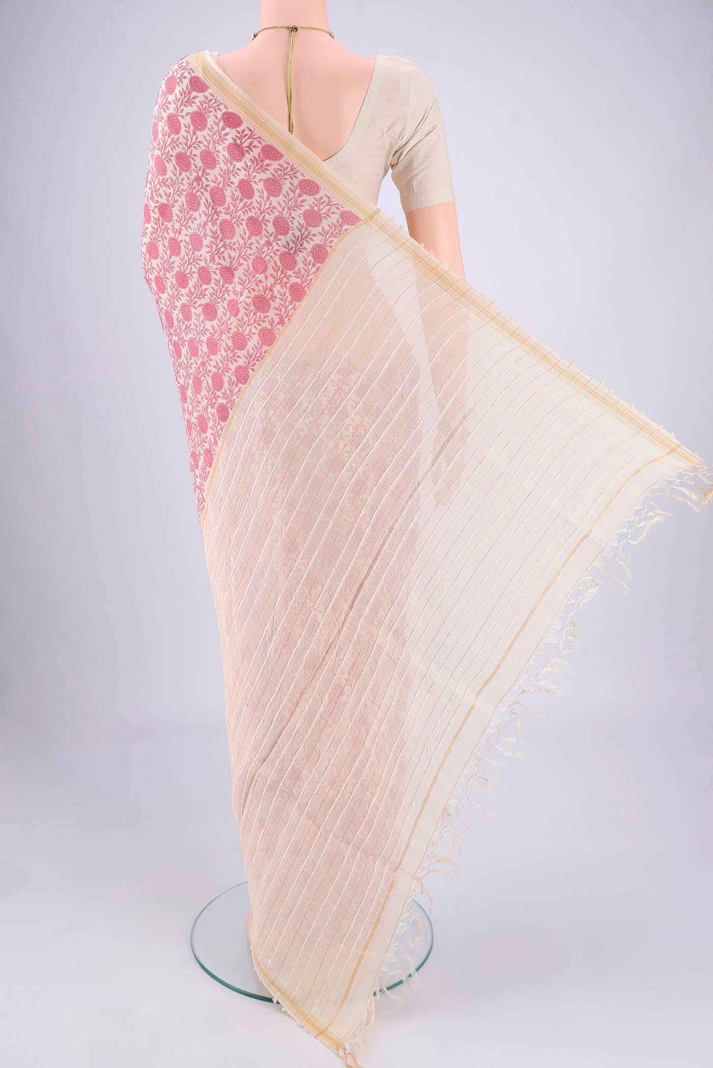 Flat view of Off White Tussar Silk Saree with Floral Print on the body and Thread Border. 