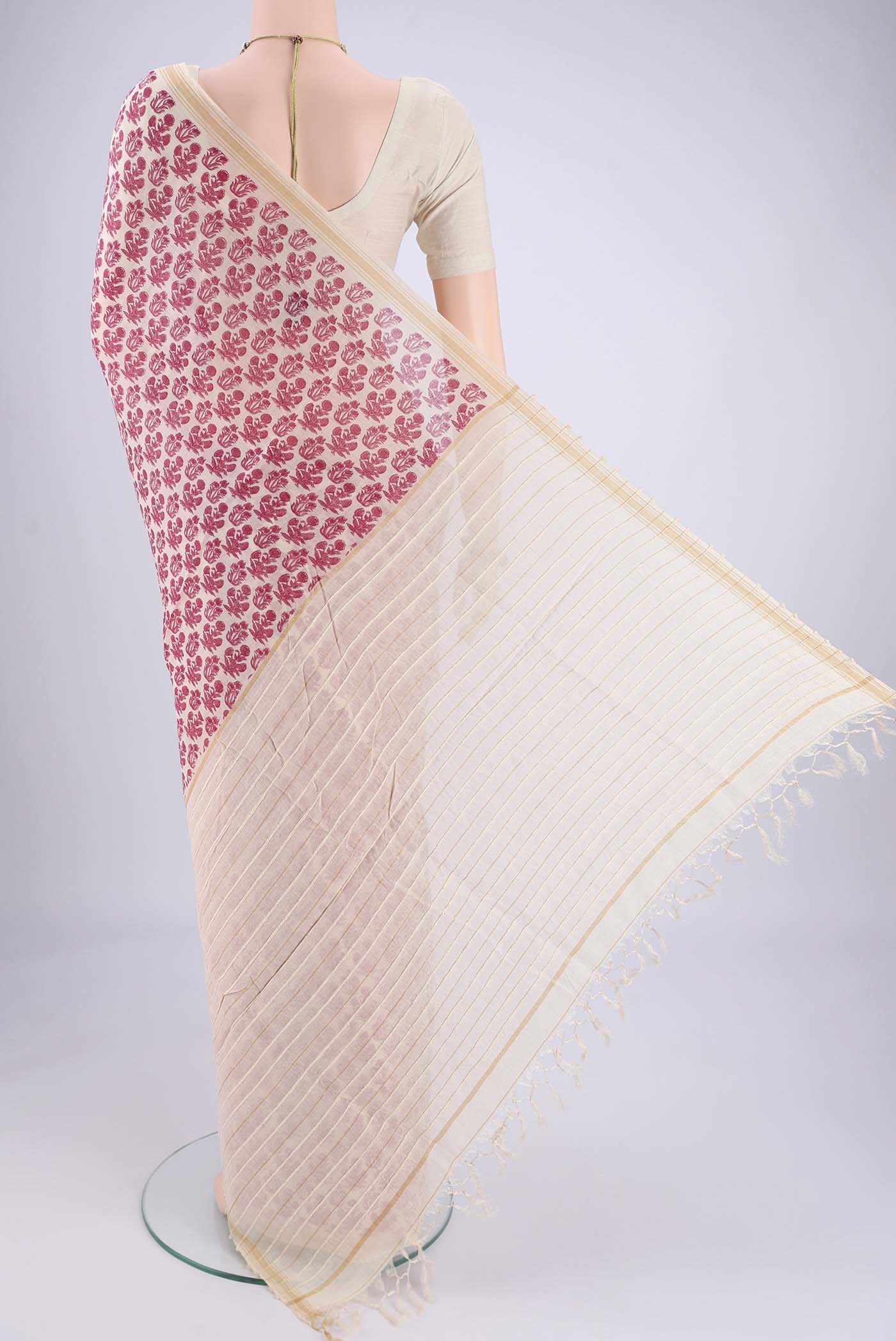 Flat view of Off White Tussar Silk Saree with Floral Print on the body and Thread Border. 