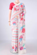 White Mysore Crepe Saree with Floral Print on the body and Without Border.  displayed on a mannequin