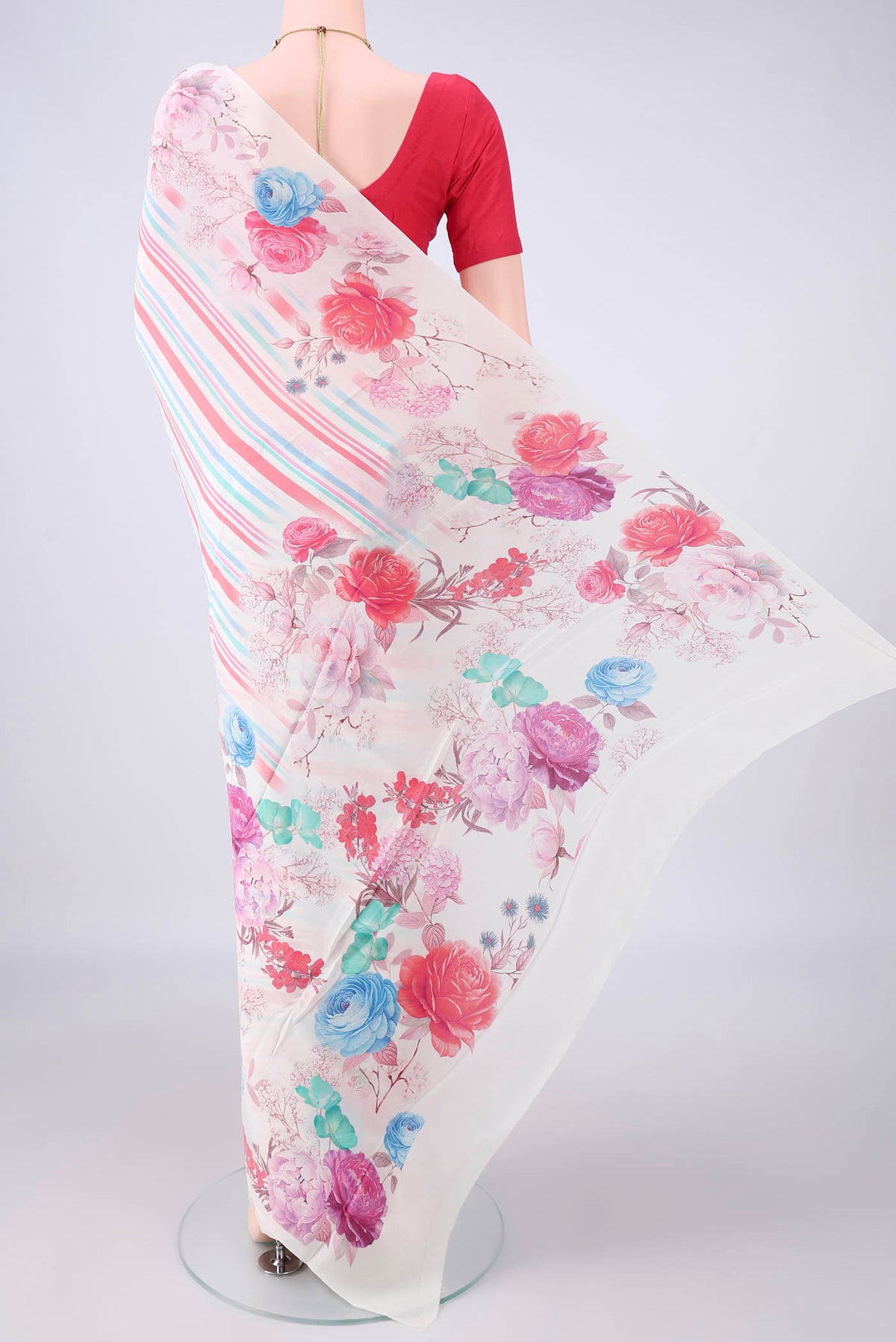 Flat view of White Mysore Crepe Saree with Floral Print on the body and Without Border. 