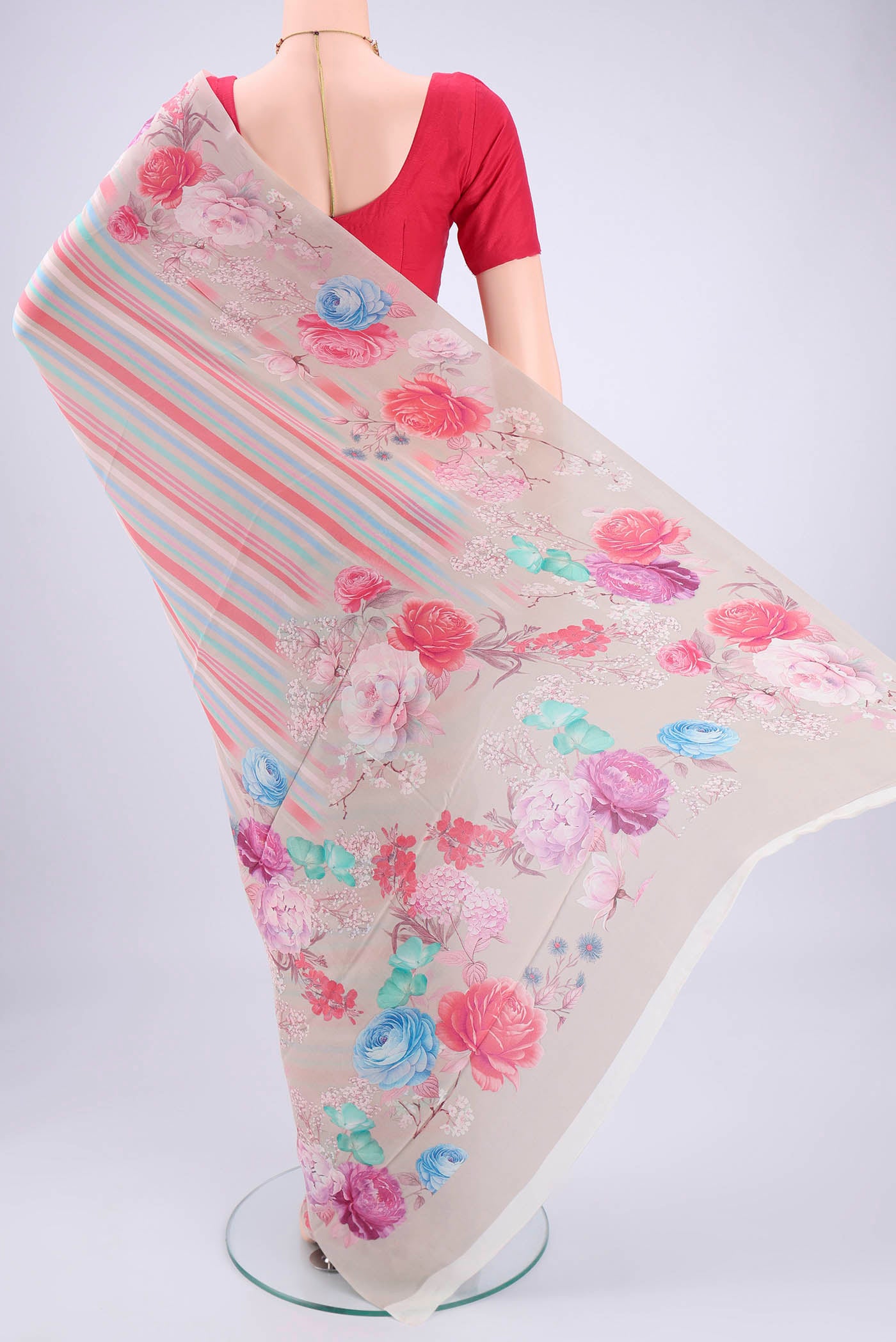 Flat view of Grey Mysore Crepe Saree with Stripes on the body and Zari Border. 