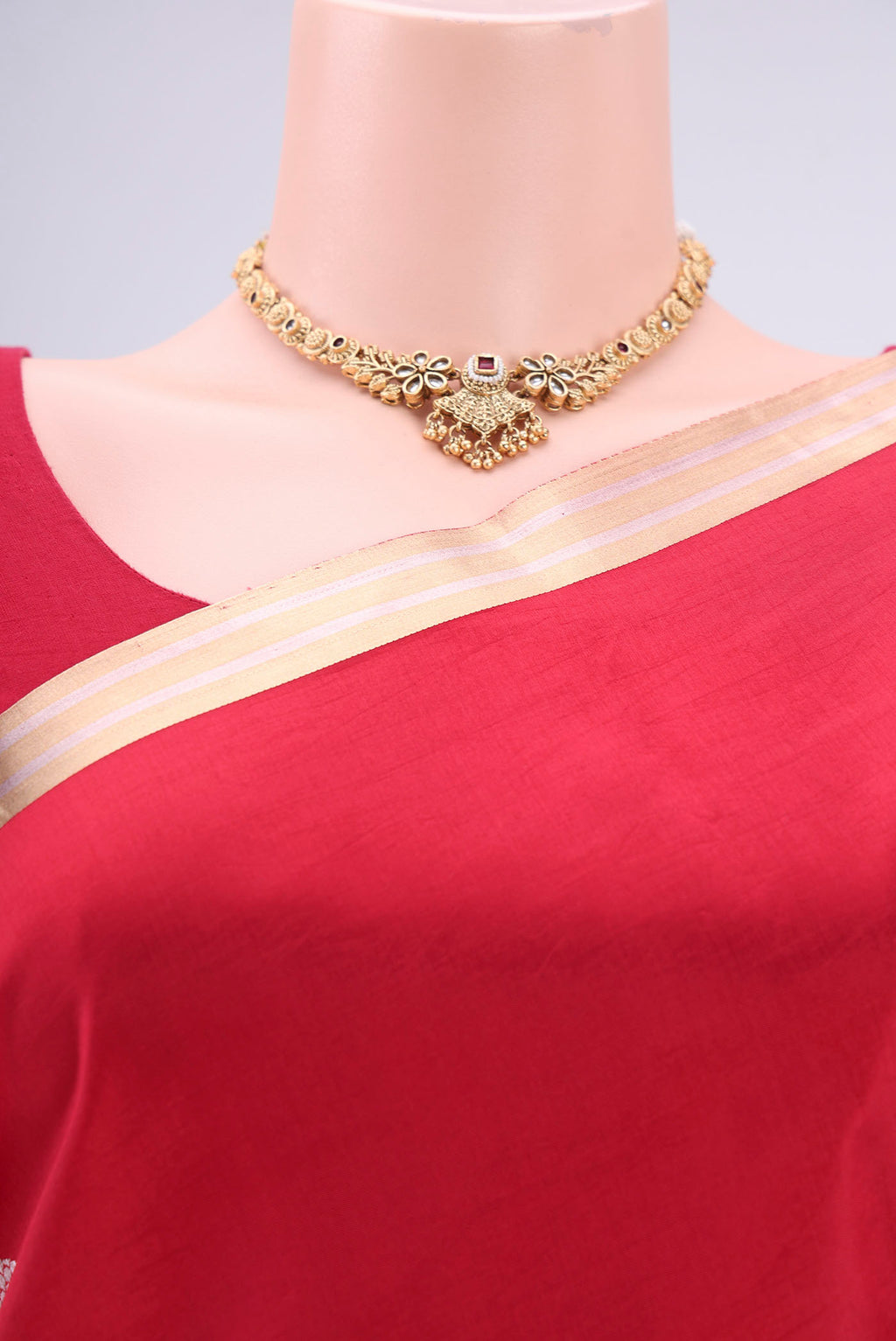 Border image of Deep Red Banarasi Katan Silk Saree with Zari Butta on the body and Zari Border. 