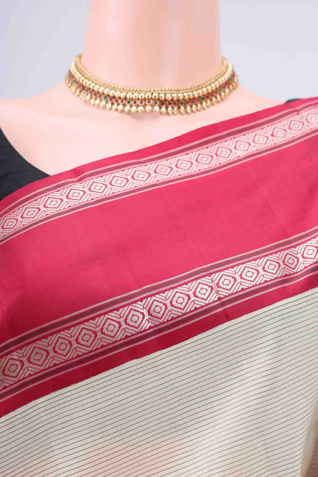 Border image of Off White Kanjivaram Silk Saree with Stripes on the body and Ganga Jamuna Border. 