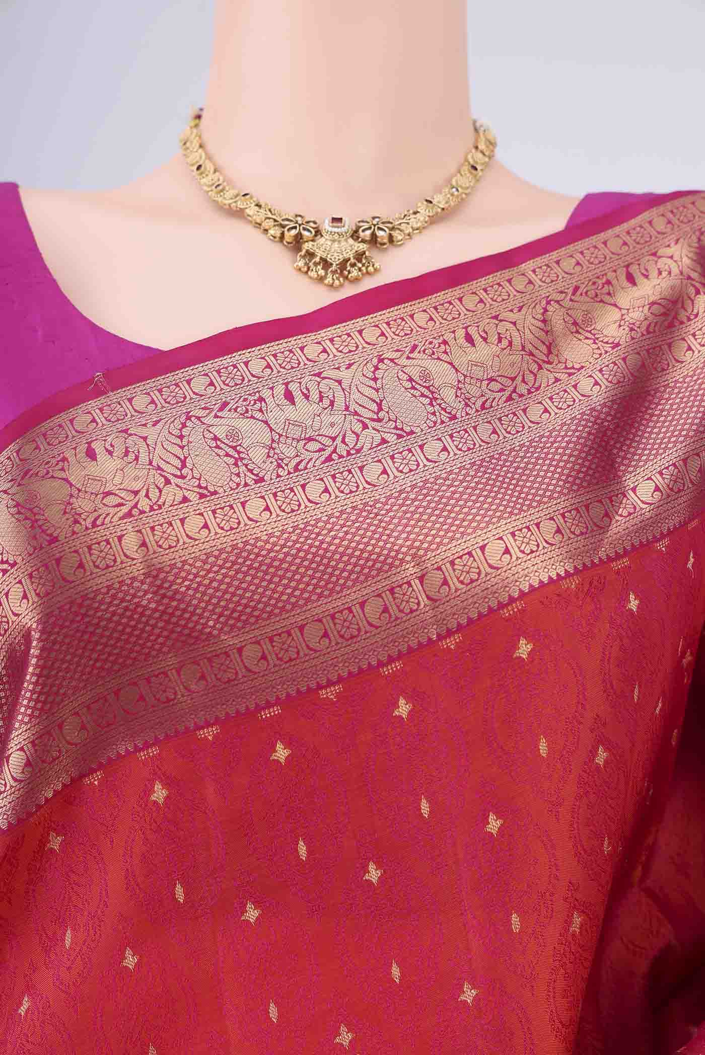 Border image of Dark Pink Dual Tone Soft Silk Saree with Jacquard With Zari Butta on the body and Zari Border. 