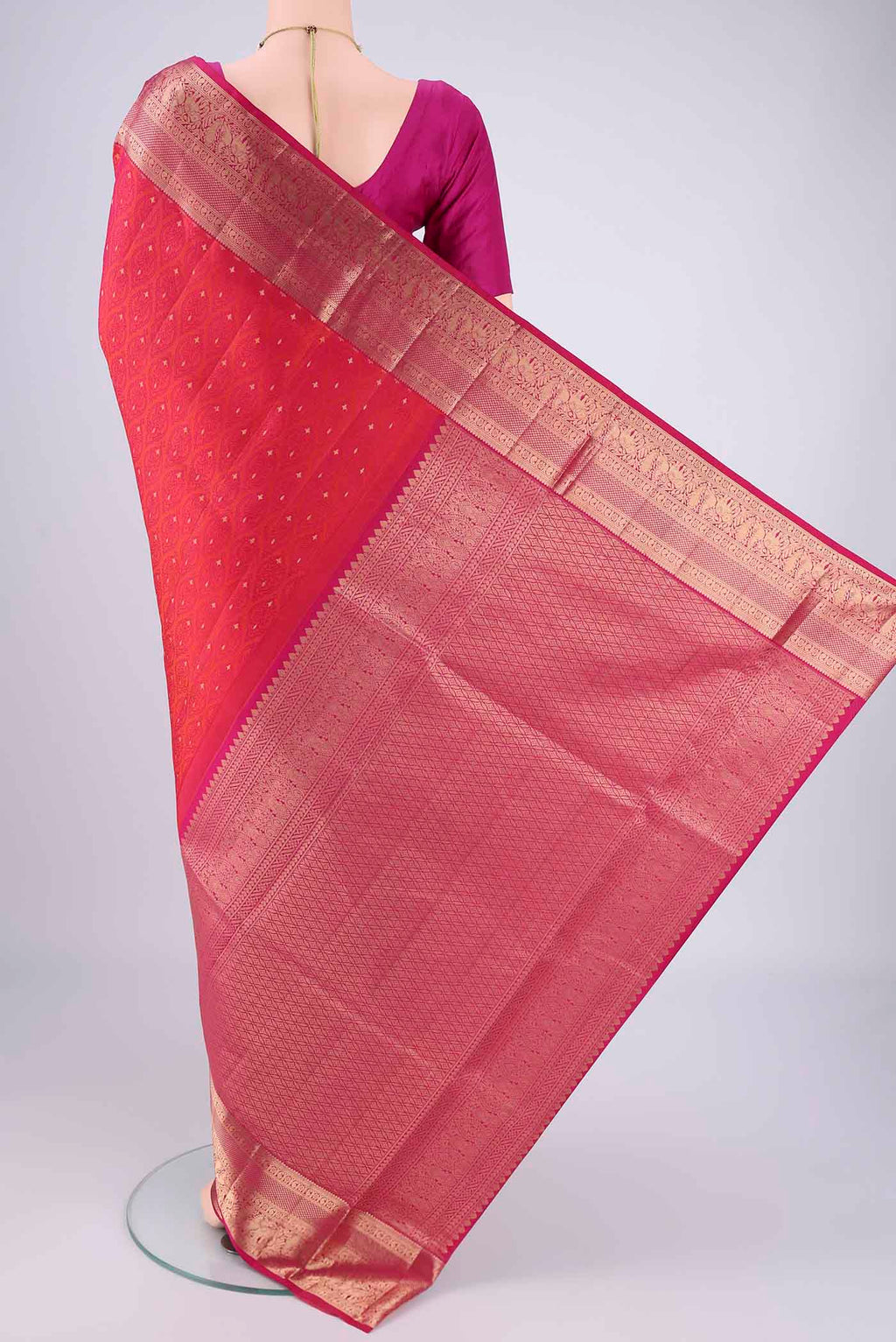 Flat view of Dark Pink Dual Tone Soft Silk Saree with Jacquard With Zari Butta on the body and Zari Border. 